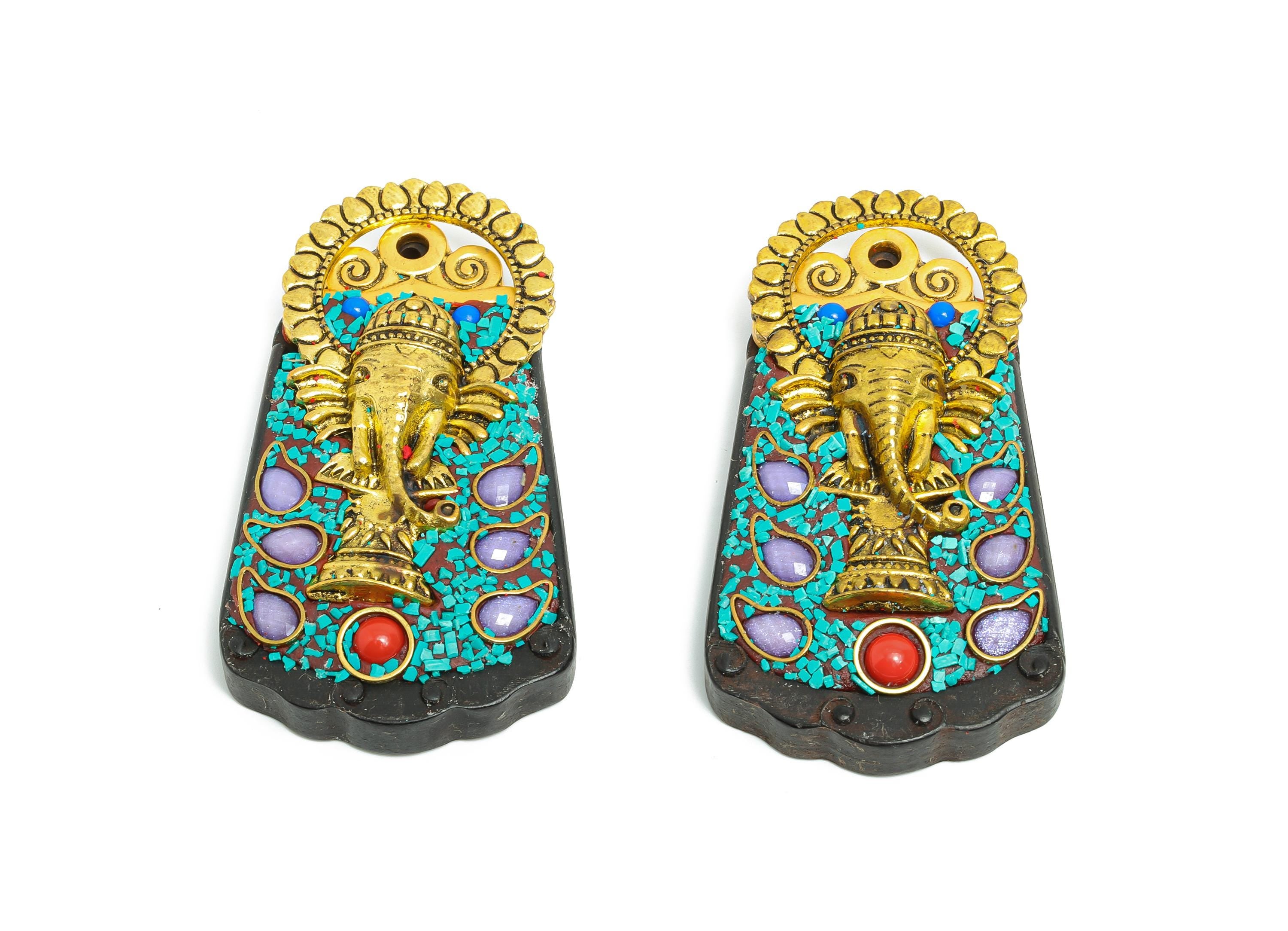 Sandalwood Elephant Pendant - Alloy Ethnic Style Trapezoid Necklace Pendant - Resin Nepalese Handmade Jewelry - 60.56x33.08x12.68mm -RGP9846 - DOMEDBAZAAR