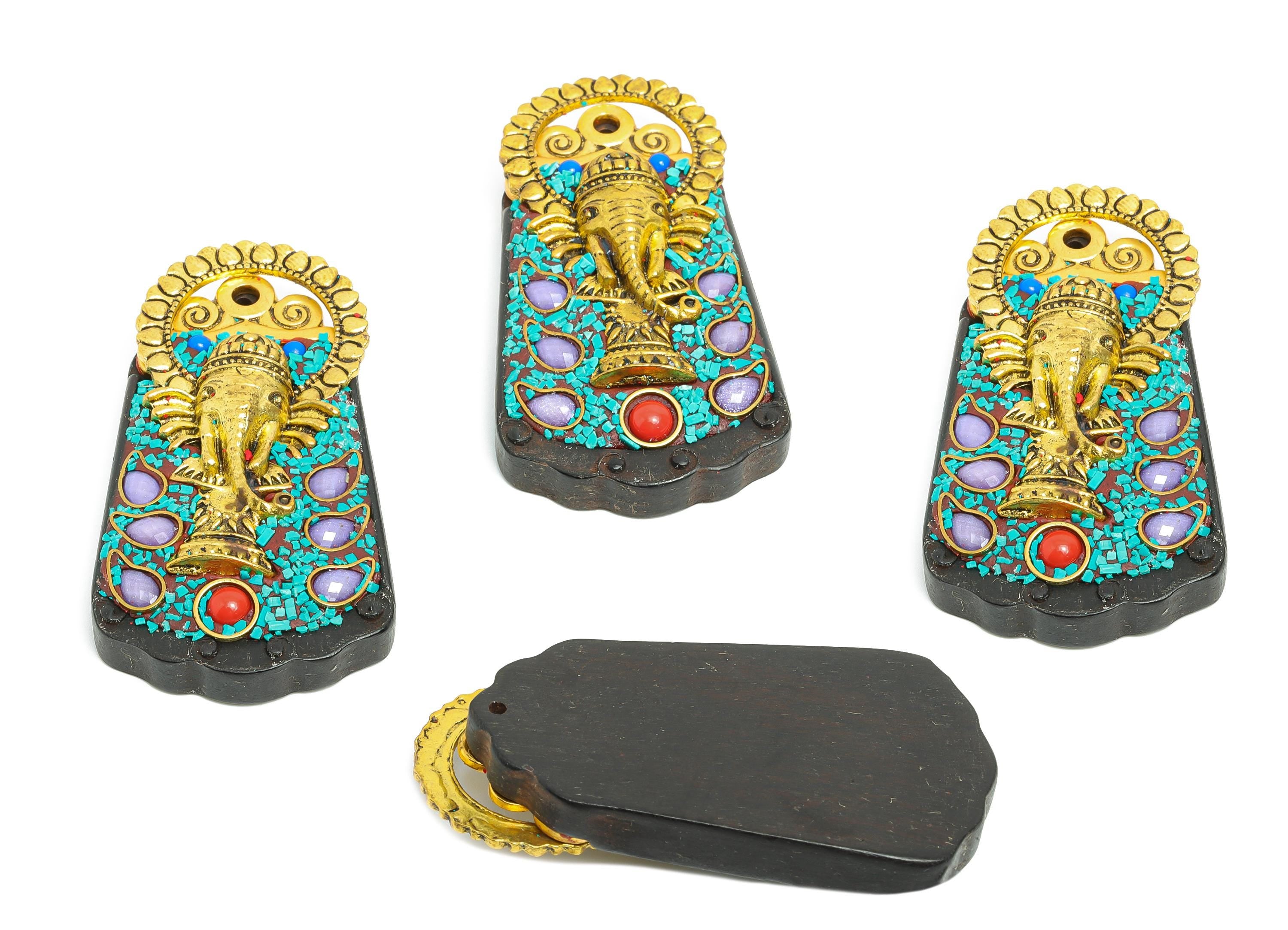 Sandalwood Elephant Pendant - Alloy Ethnic Style Trapezoid Necklace Pendant - Resin Nepalese Handmade Jewelry - 60.56x33.08x12.68mm -RGP9846 - DOMEDBAZAAR