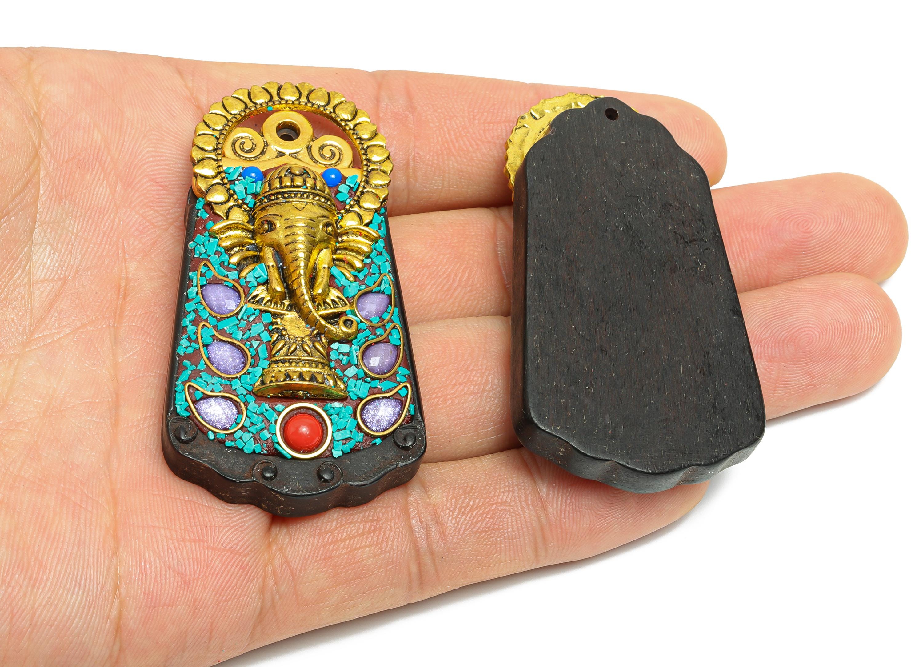 Sandalwood Elephant Pendant - Alloy Ethnic Style Trapezoid Necklace Pendant - Resin Nepalese Handmade Jewelry - 60.56x33.08x12.68mm -RGP9846 - DOMEDBAZAAR