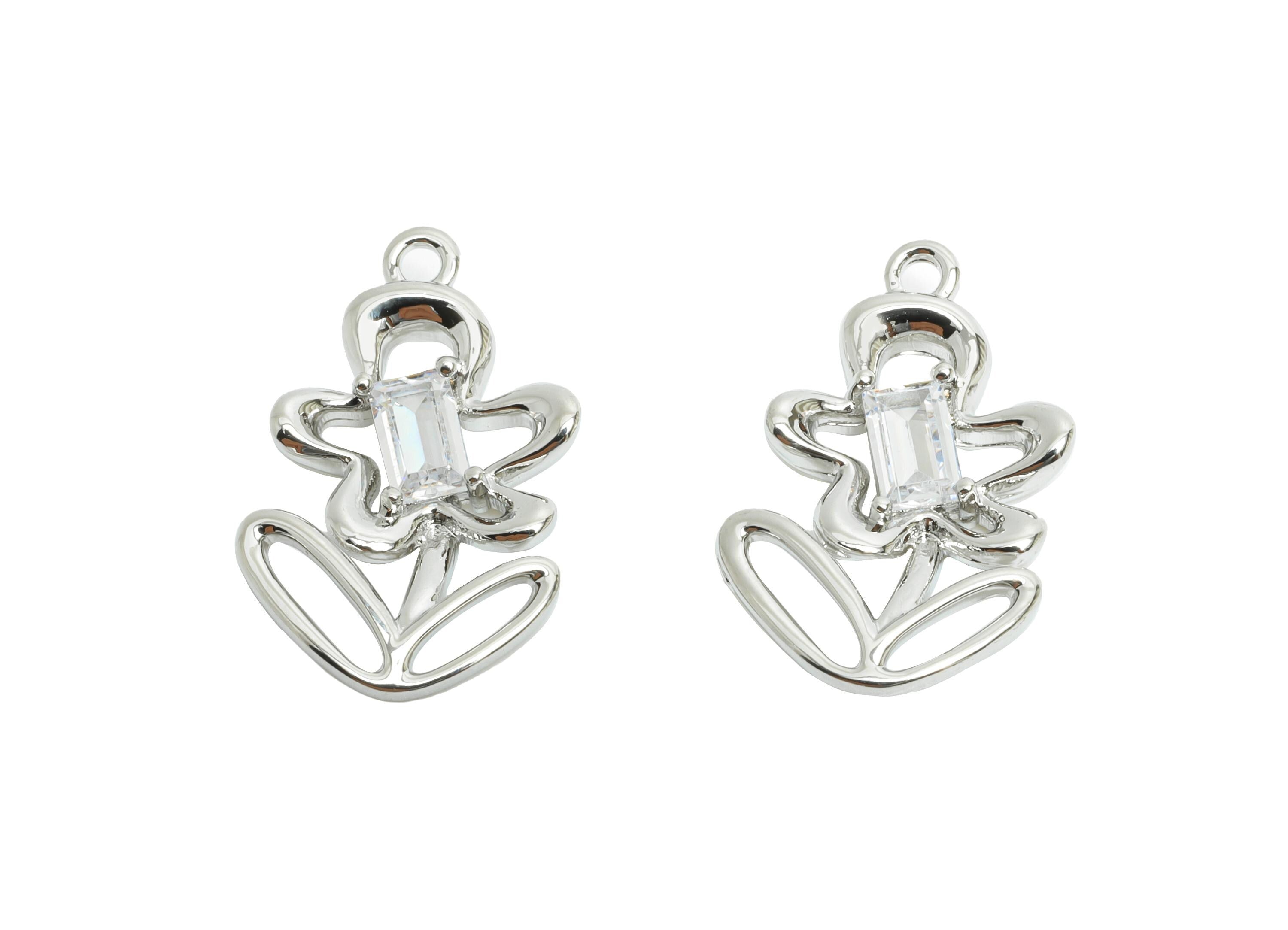 Brass Floral Charms - Silver Zircon Flower Botanical Charms - Refined Jewelry DIY - 18K Real White Gold Plated - 19x12x32.74mm - RGP9912S - DOMEDBAZAAR