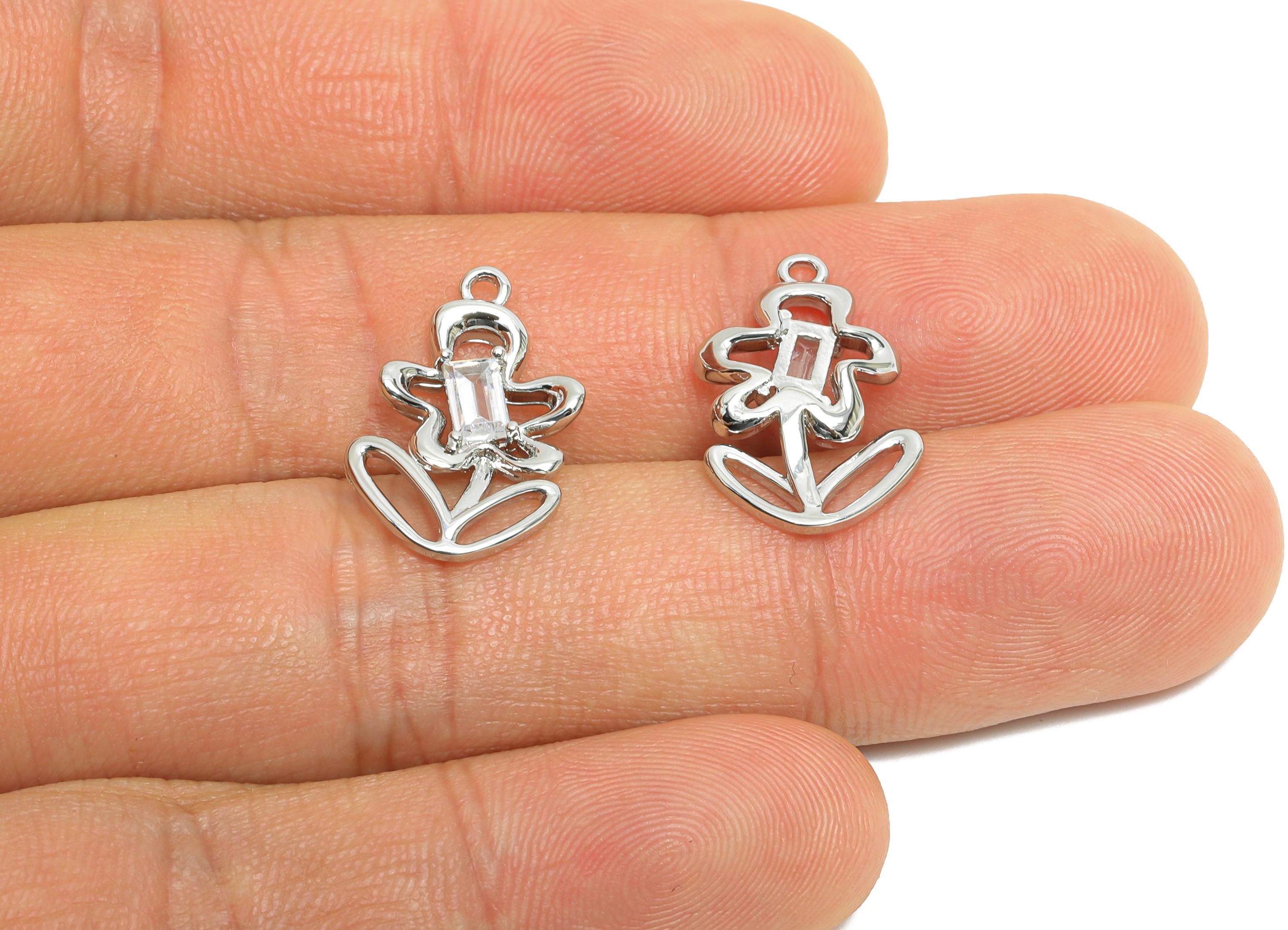 Brass Floral Charms - Silver Zircon Flower Botanical Charms - Refined Jewelry DIY - 18K Real White Gold Plated - 19x12x32.74mm - RGP9912S - DOMEDBAZAAR