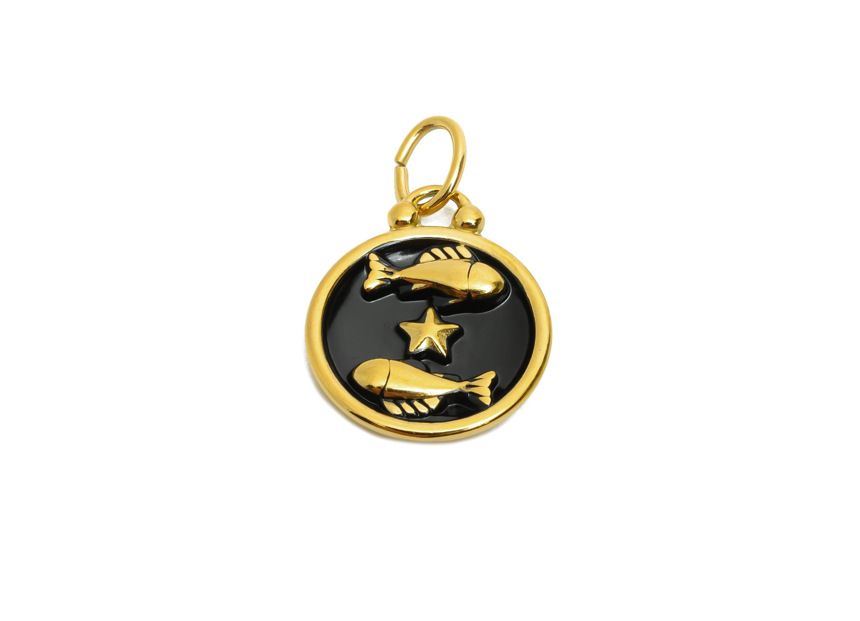 Pisces Zodiac Pendant - Enamel Stainless Steel Astrology Pendant - Gold Fish Star Horoscope Jewelry - Gold Plating - 20x16x2mm - SS1562G - DOMEDBAZAAR