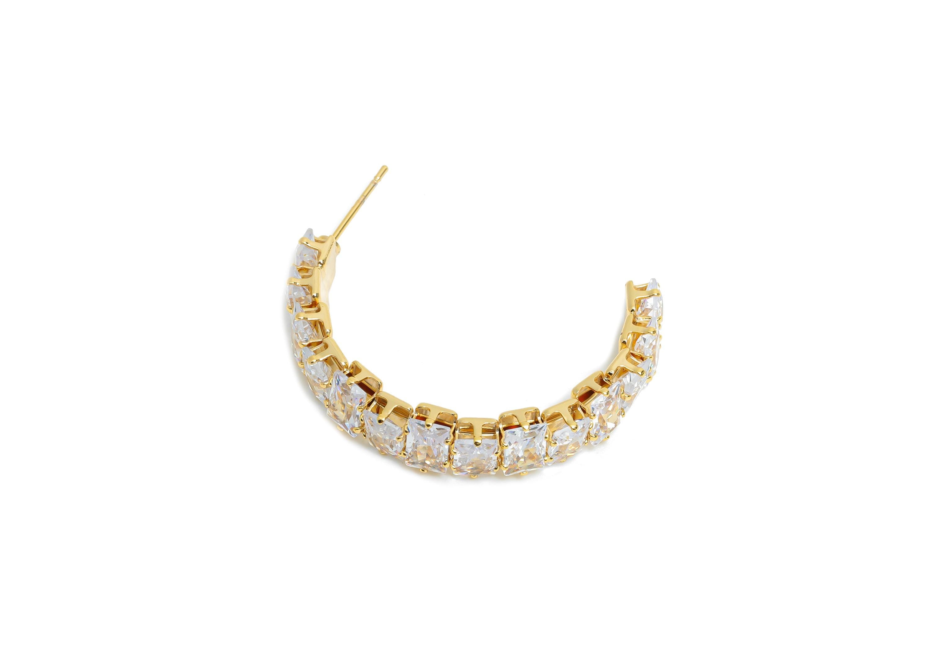 Sparkling C Hoop Post - Inlay Rectangle Glass Earring Stud - Refined Gold Brass Open C Post - 18K Real Gold Plated Brass- 35x23x7mm -RGP9950 - DOMEDBAZAAR