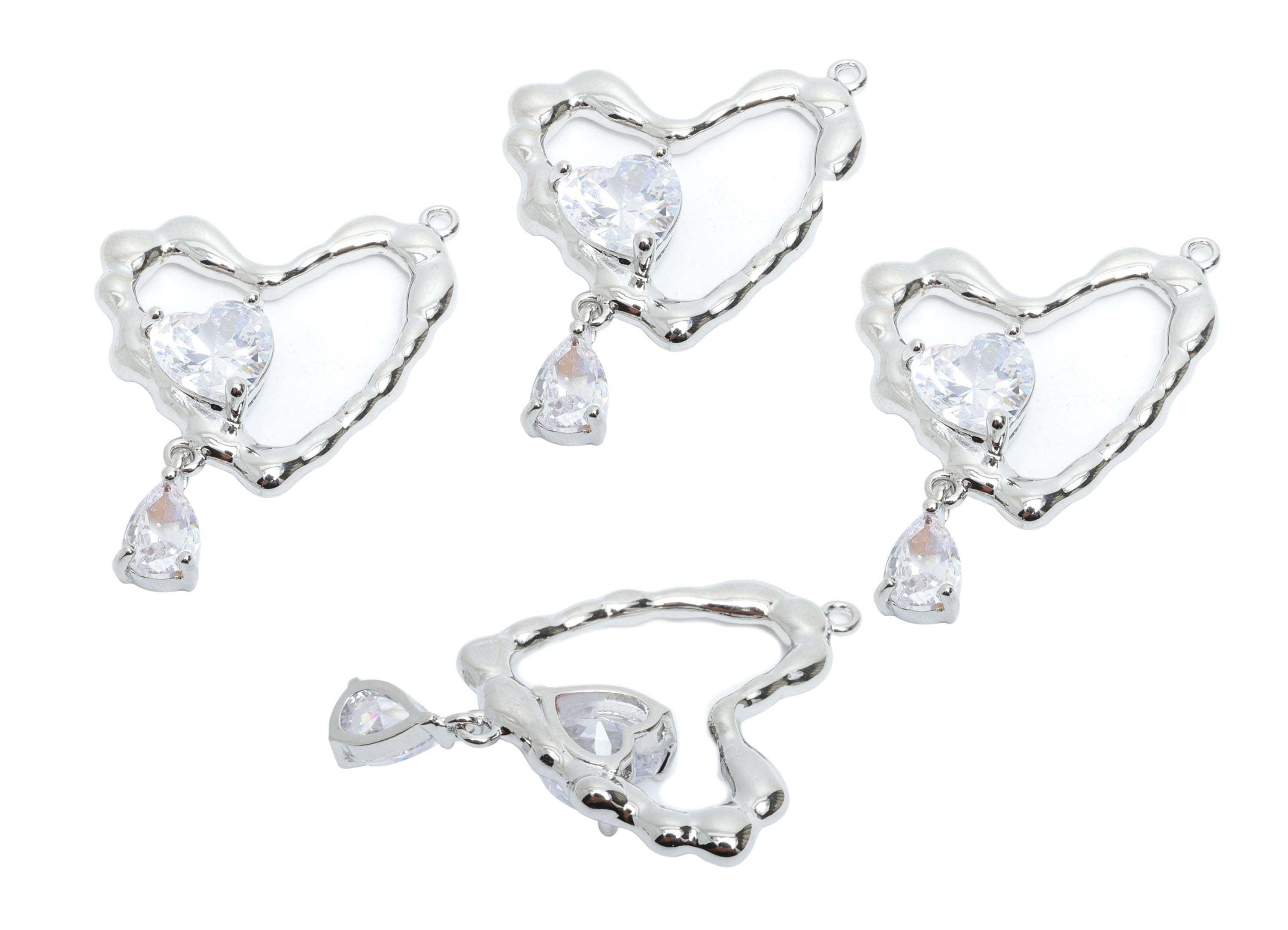 Brass Dangle Heart Pendant - Sparkling Zircon Double Heart Charm - Textured Heart Jewelry - 18K White Gold Plated -23.6x22x5.55mm - RGP9906S - DOMEDBAZAAR