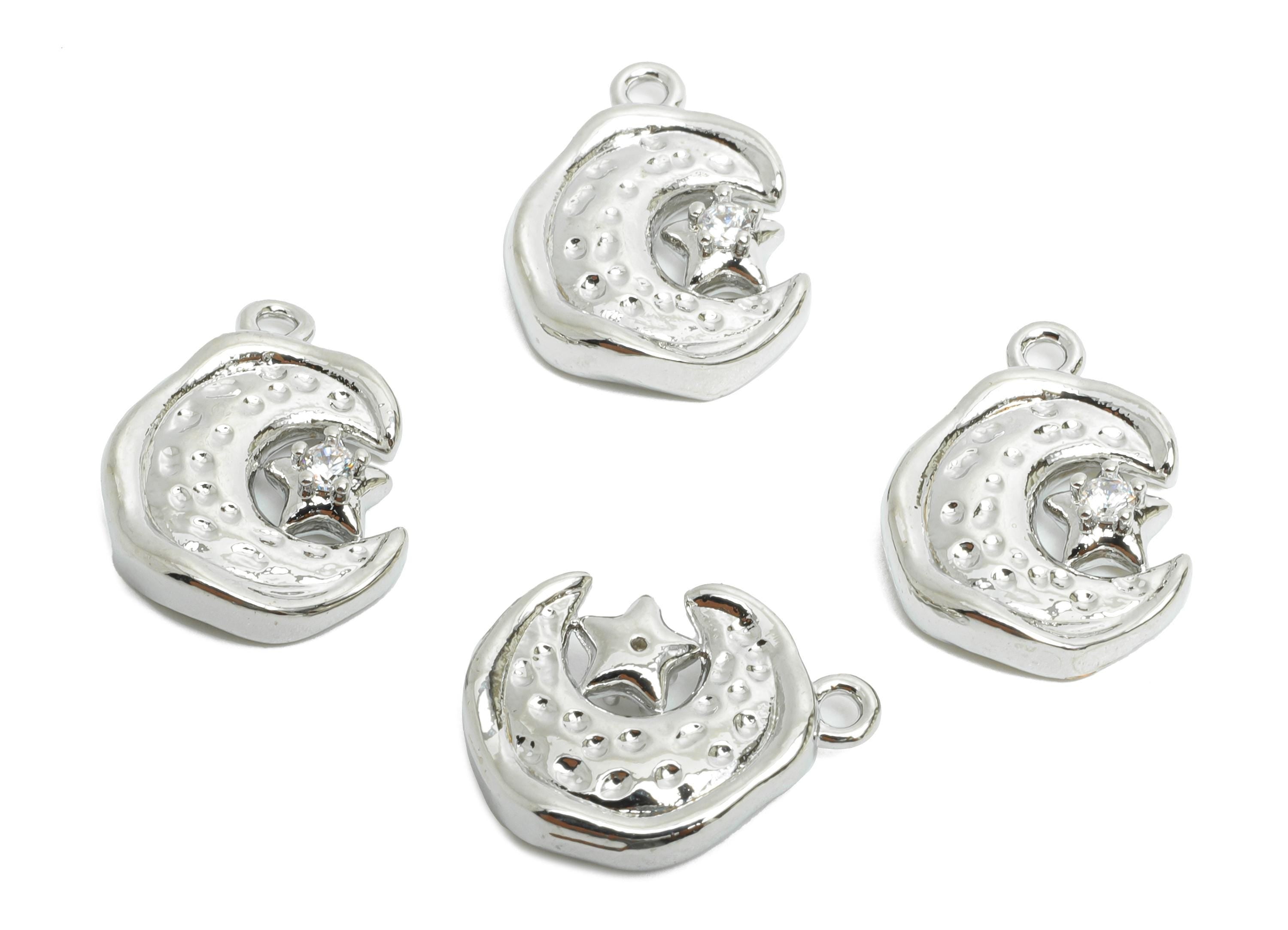 Brass Crescent Pendant - Sparkling Zircon Moon Star Charm - Textured Hammered Jewelry - 18K Real White Gold Plated - 15.58x12x3.2mm-RGP9922S - DOMEDBAZAAR