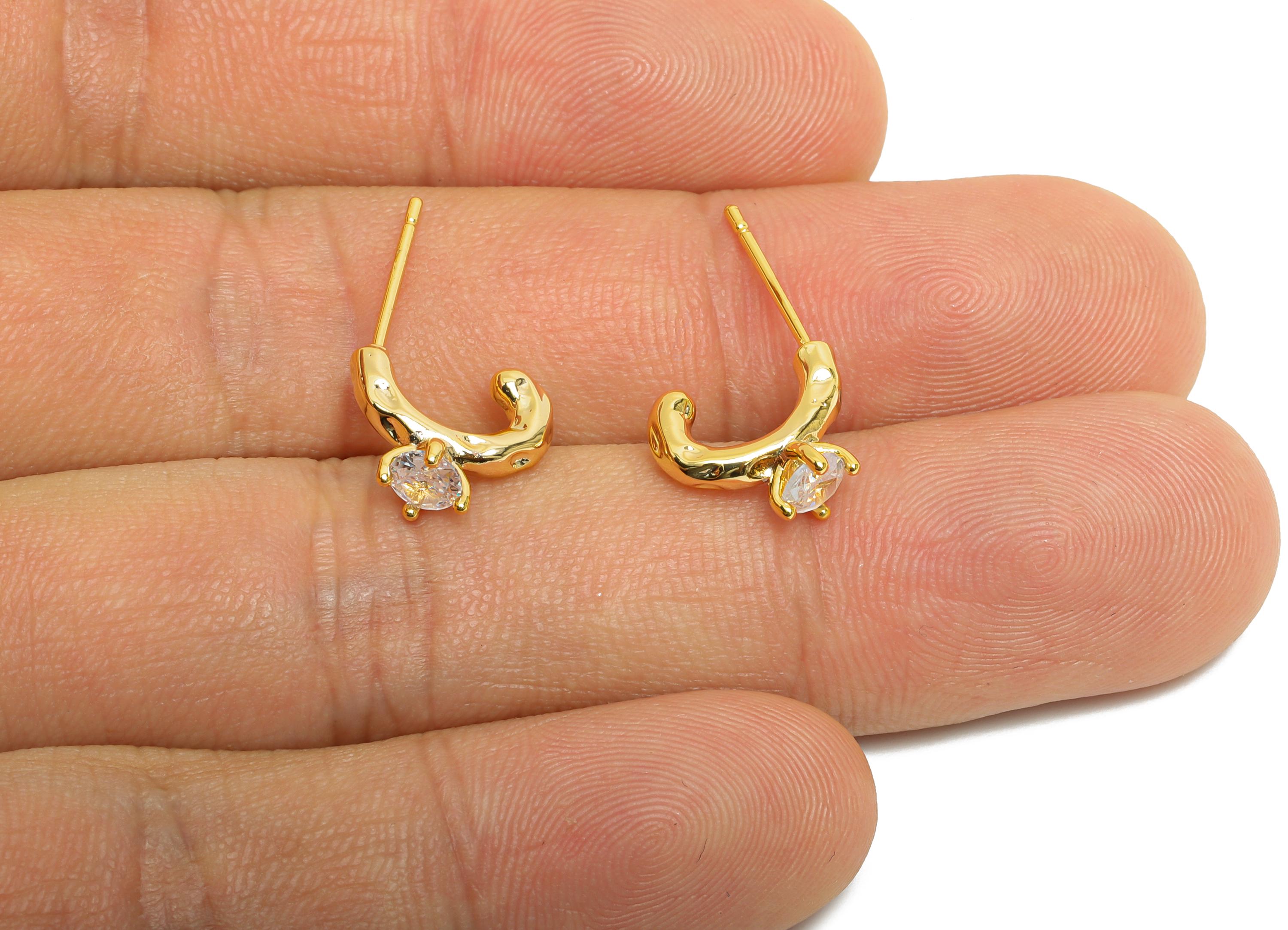 Brass C Hoop Stud Earrings - Textured Arc CZ Earring Post - Gold Curved C Hoop Post for Women - 18K Real Gold Plated - 11x10x5mm - RGP9916 - DOMEDBAZAAR