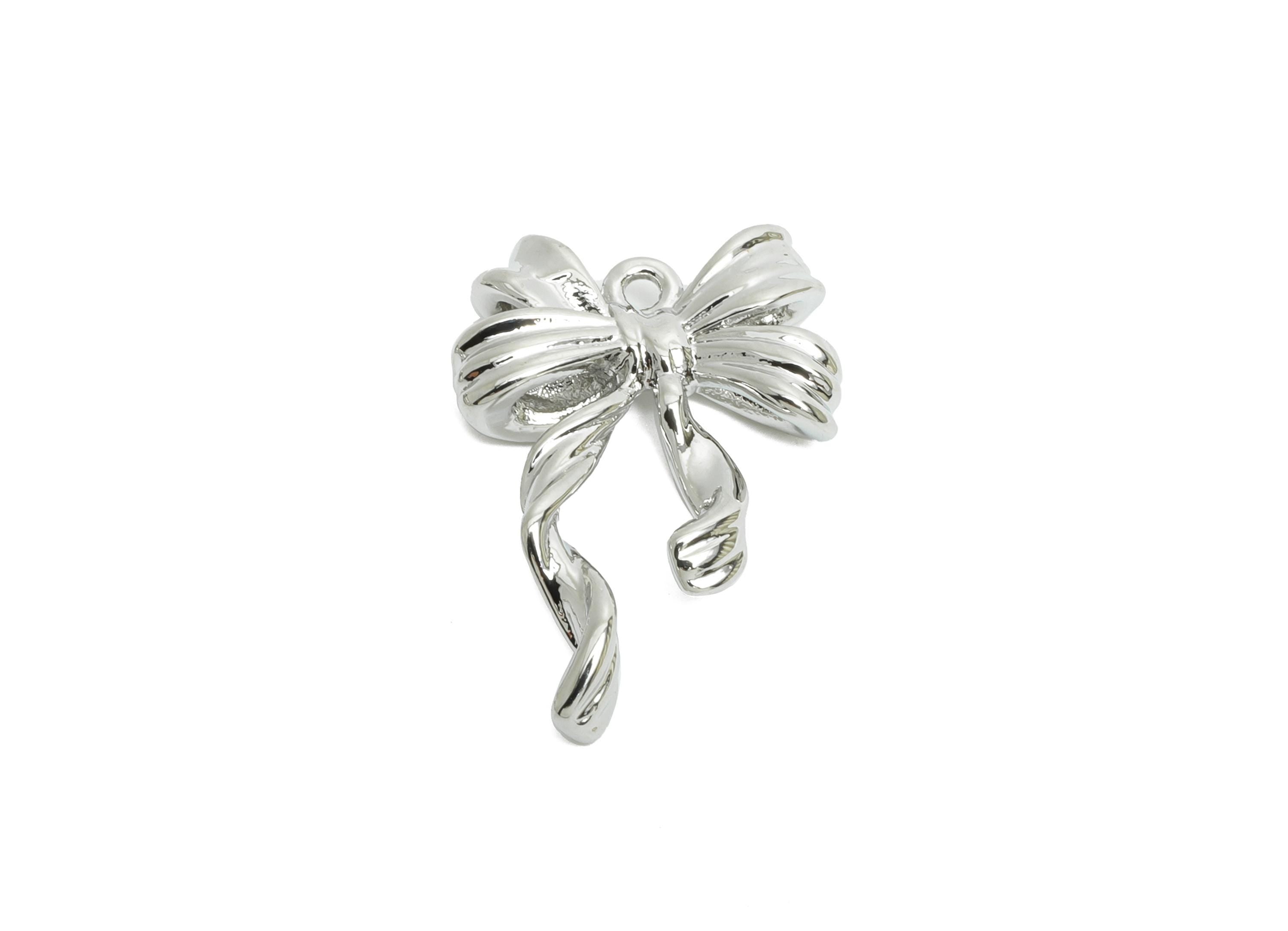 Brass Bowtie Earring Charm - Dainty Silver Bowtie Pendant for Necklace - Refined Jewelry - 18K White Gold Plated -19.7x13.6x3.7mm -RGP9905S - DOMEDBAZAAR