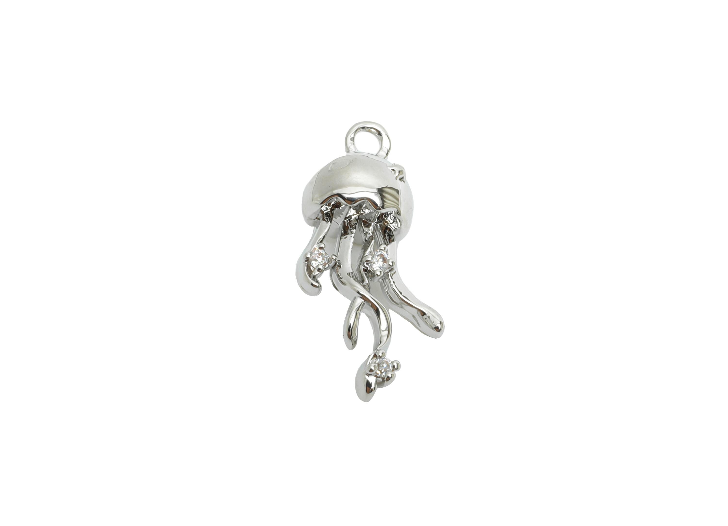 Brass Jellyfish Earring Charm - Silver CZ Jellyfish Pendant for Necklace - Refined Marine Jewelry -18K White Gold Plated-17.5x8x6mm-RGP9925S - DOMEDBAZAAR