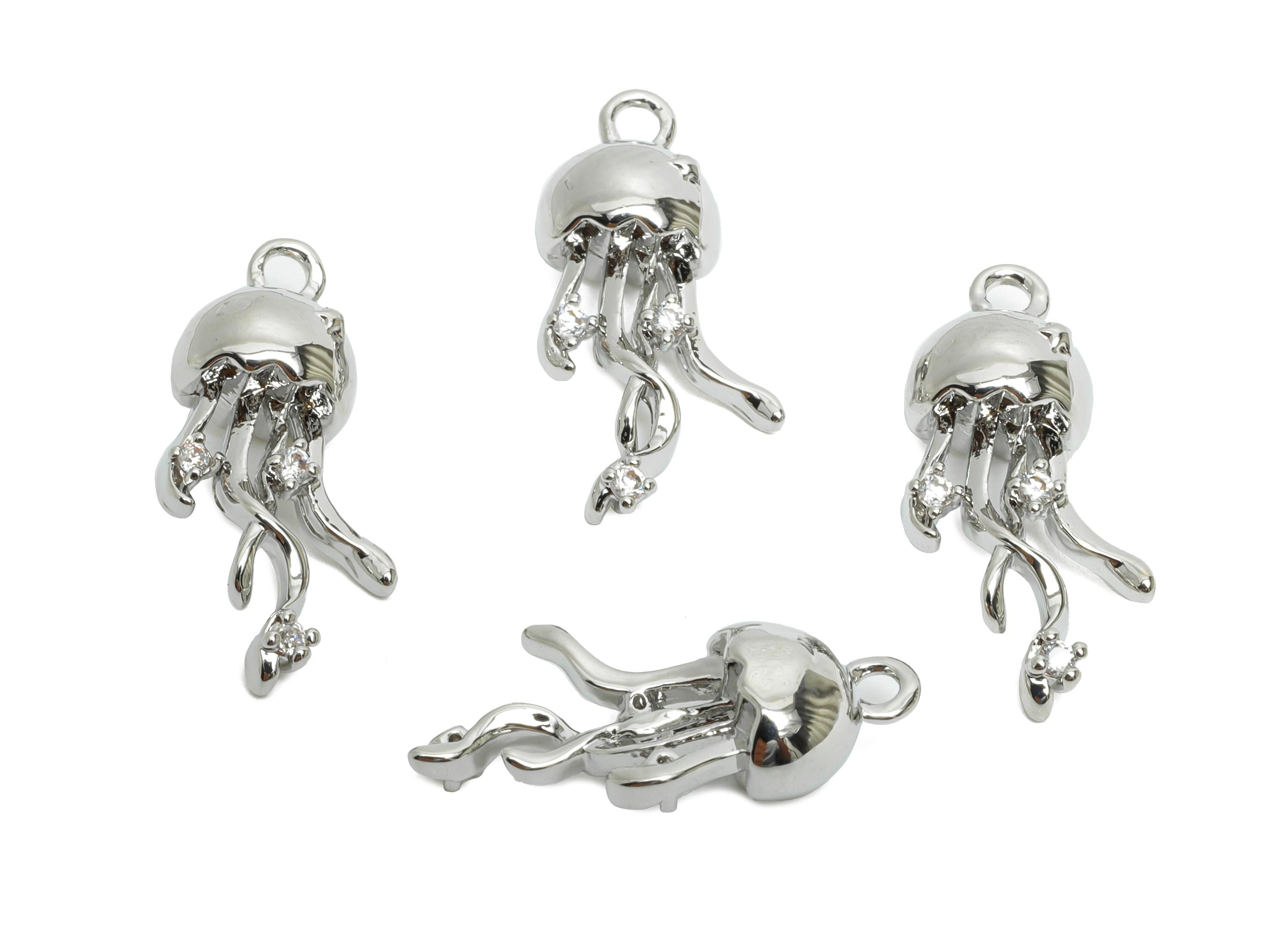 Brass Jellyfish Earring Charm - Silver CZ Jellyfish Pendant for Necklace - Refined Marine Jewelry -18K White Gold Plated-17.5x8x6mm-RGP9925S - DOMEDBAZAAR