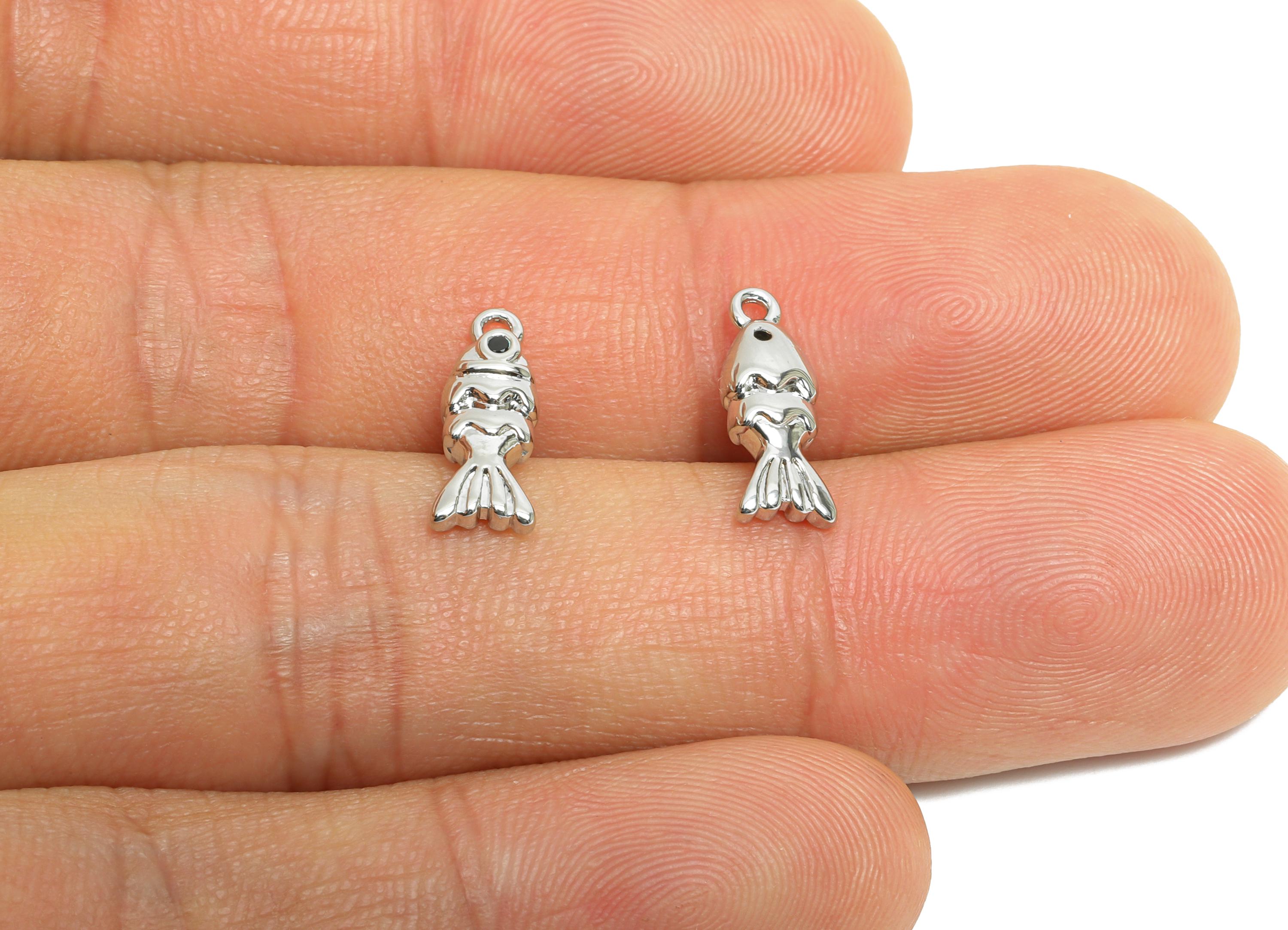 Brass Fish Earring Charm - Mini Goldfish Charm for Bracelet - Refined Marine Jewelry DIY - 18K White Gold Plated - 13.6x5.13x3.54mm-RGP9938S - DOMEDBAZAAR