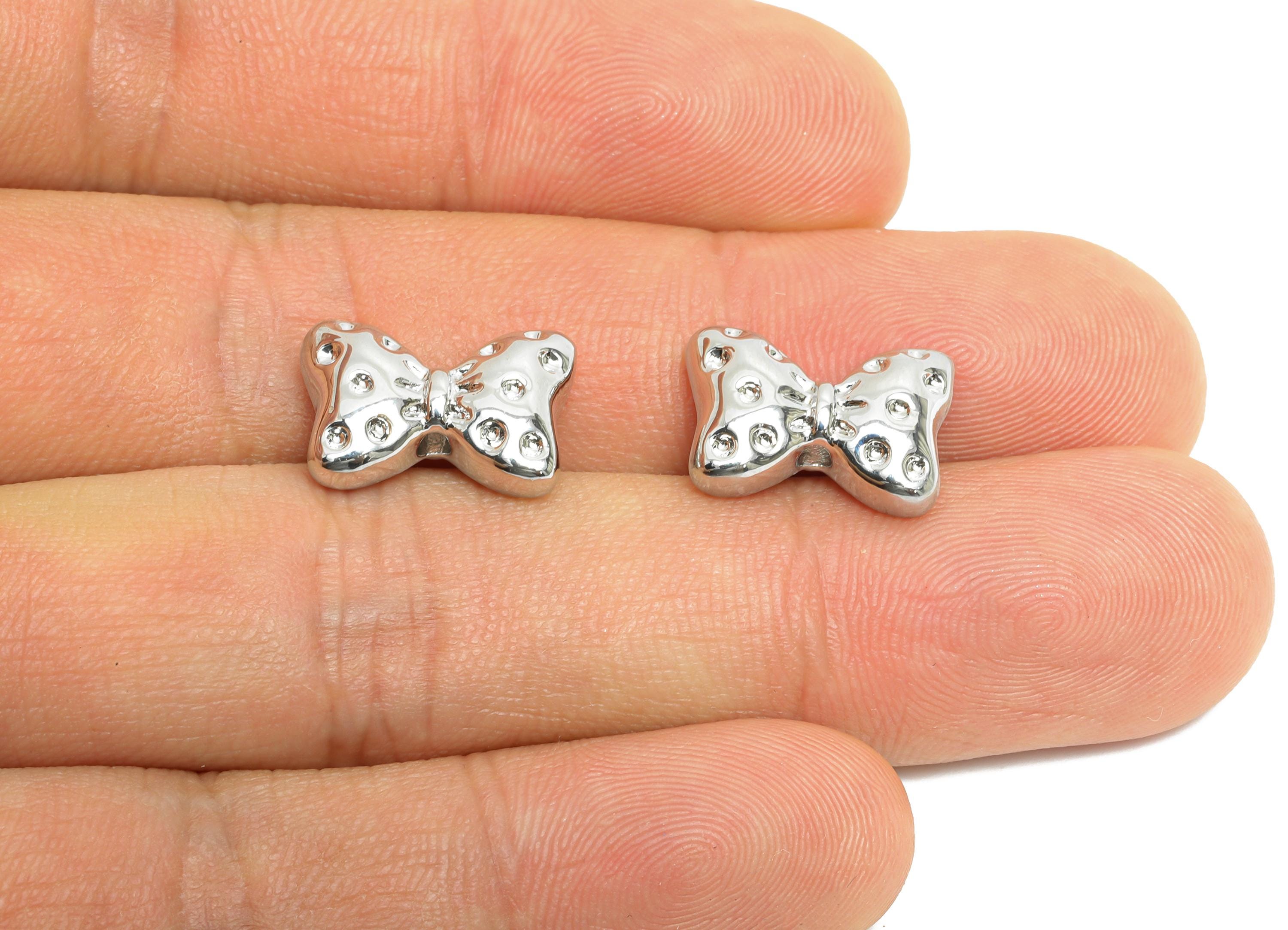 Brass Bowtie Earring Charms - Textured Silver Bowtie Bead - Refined Accessories Jewelry - 18K White Gold Plated - 14.8x10.2x5.6mm - RGP9937S - DOMEDBAZAAR
