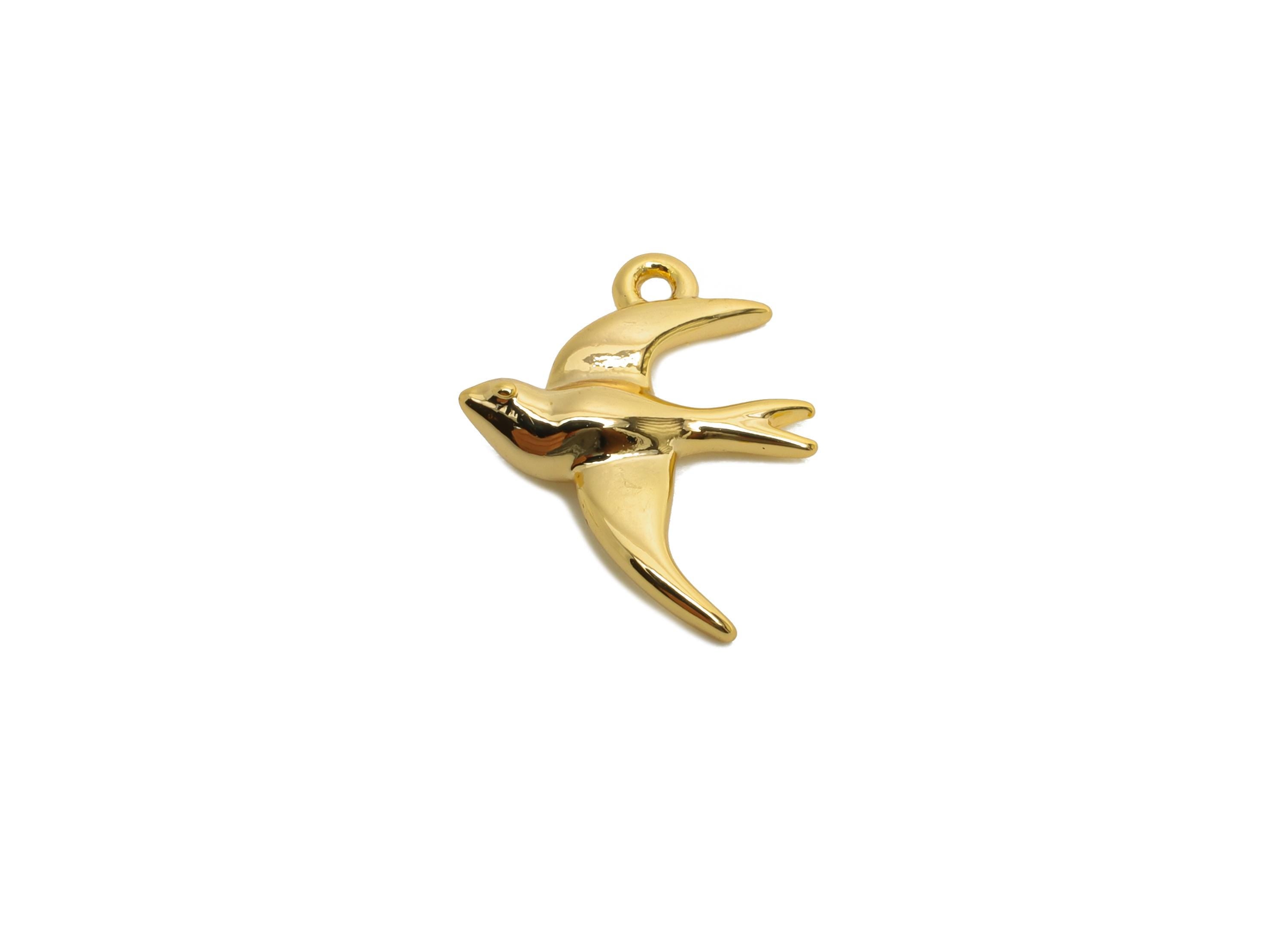 Brass Swallow Earring Charms - Mini Dainty Bird Charm for Bracelet - Minimalism Jewelry DIY - 18K Real Gold Plated - 14.6x12x3.4mm - RGP9918 - DOMEDBAZAAR