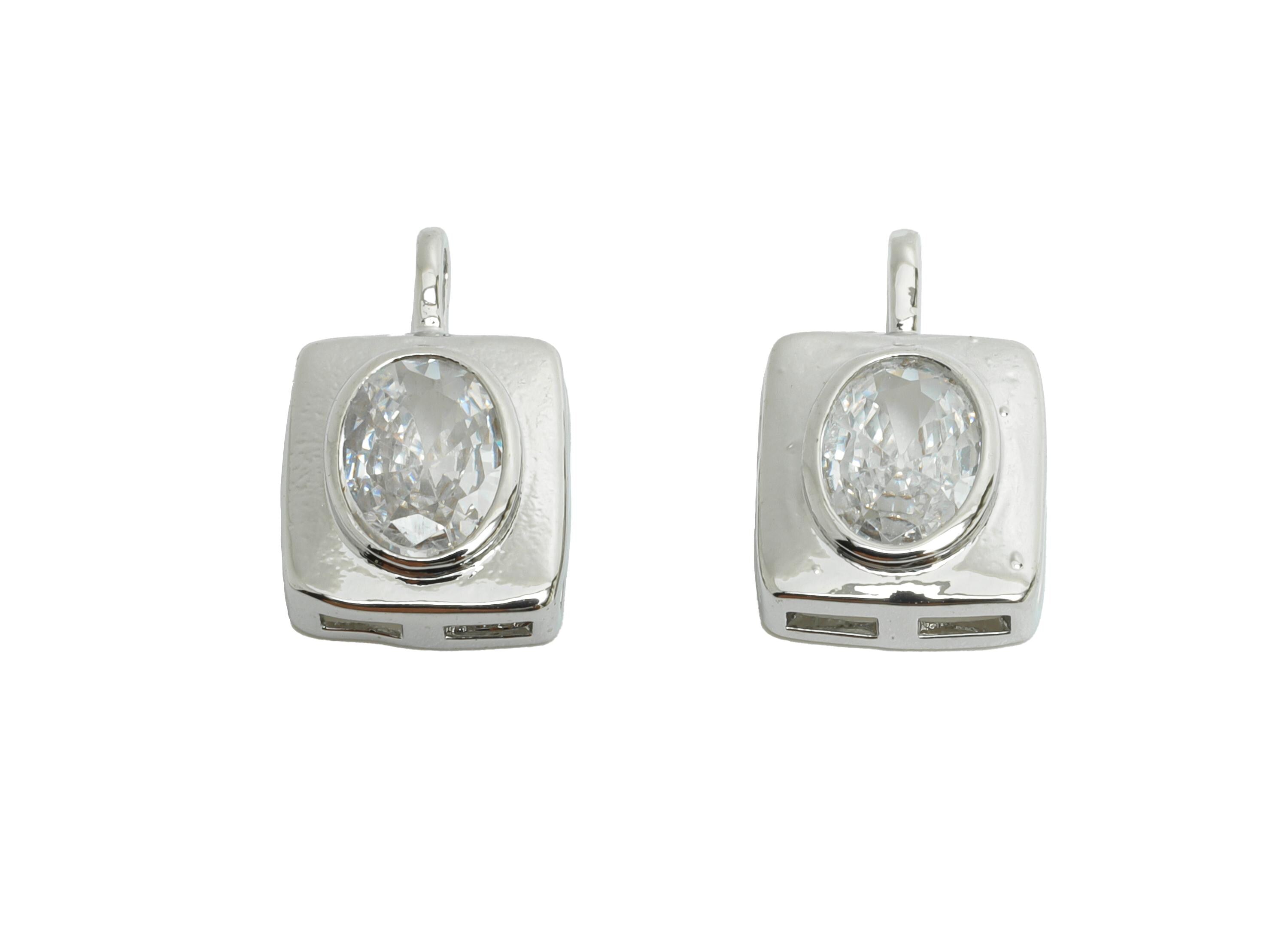 Brass CZ Rectangle Pendant - Silver Oval Zircon Pendant for Necklace - Minimalism Jewelry DIY -18K White Gold Plated -14.2x9x3.2mm-RGP9913S - DOMEDBAZAAR