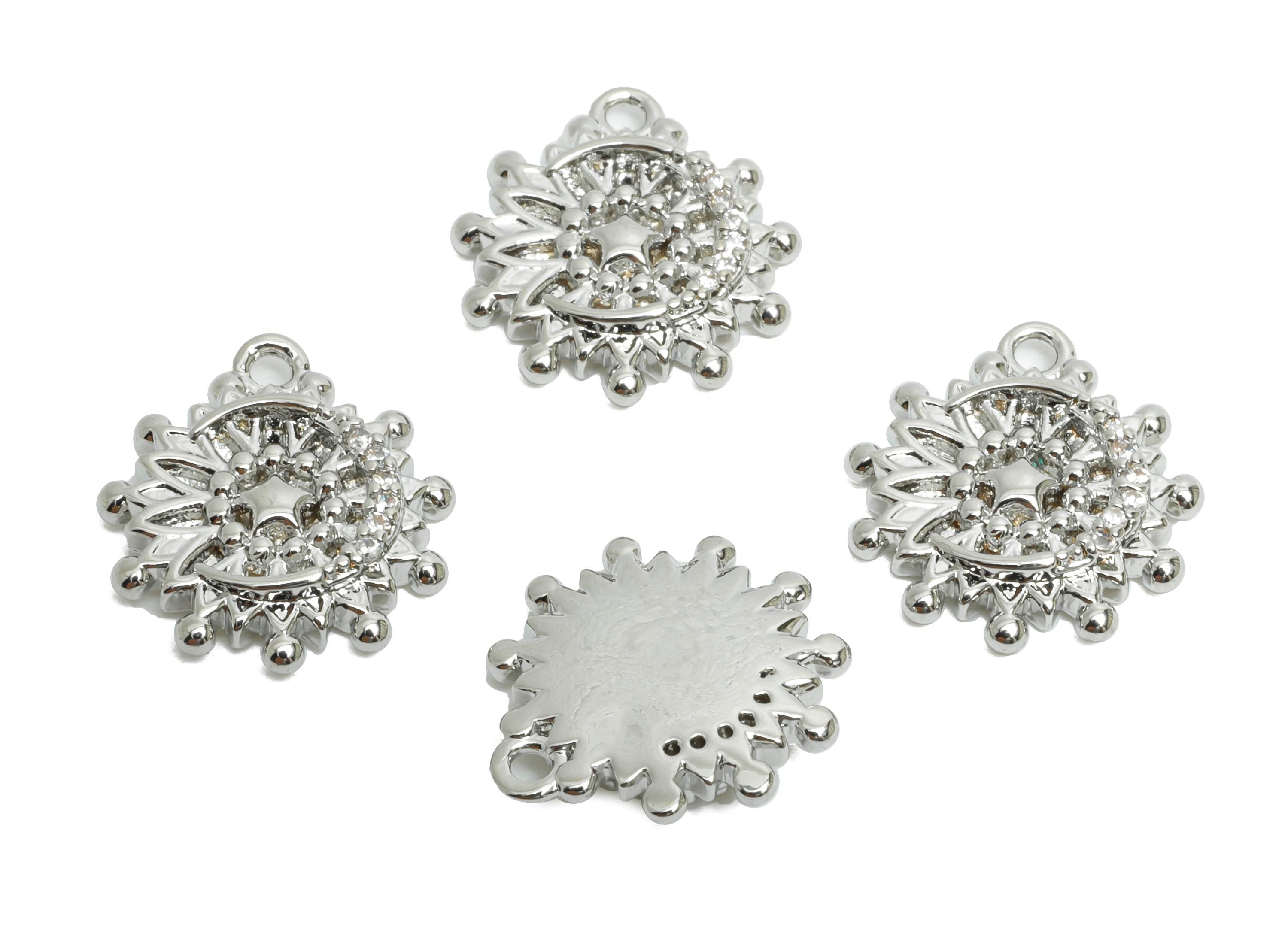 Brass CZ Sunflower Earring Charm - Silver Zircon Moon Star Pendant for Necklace - Chic Jewelry -18K White Gold Plated-14x12.4x2.5mm-RGP9904S - DOMEDBAZAAR