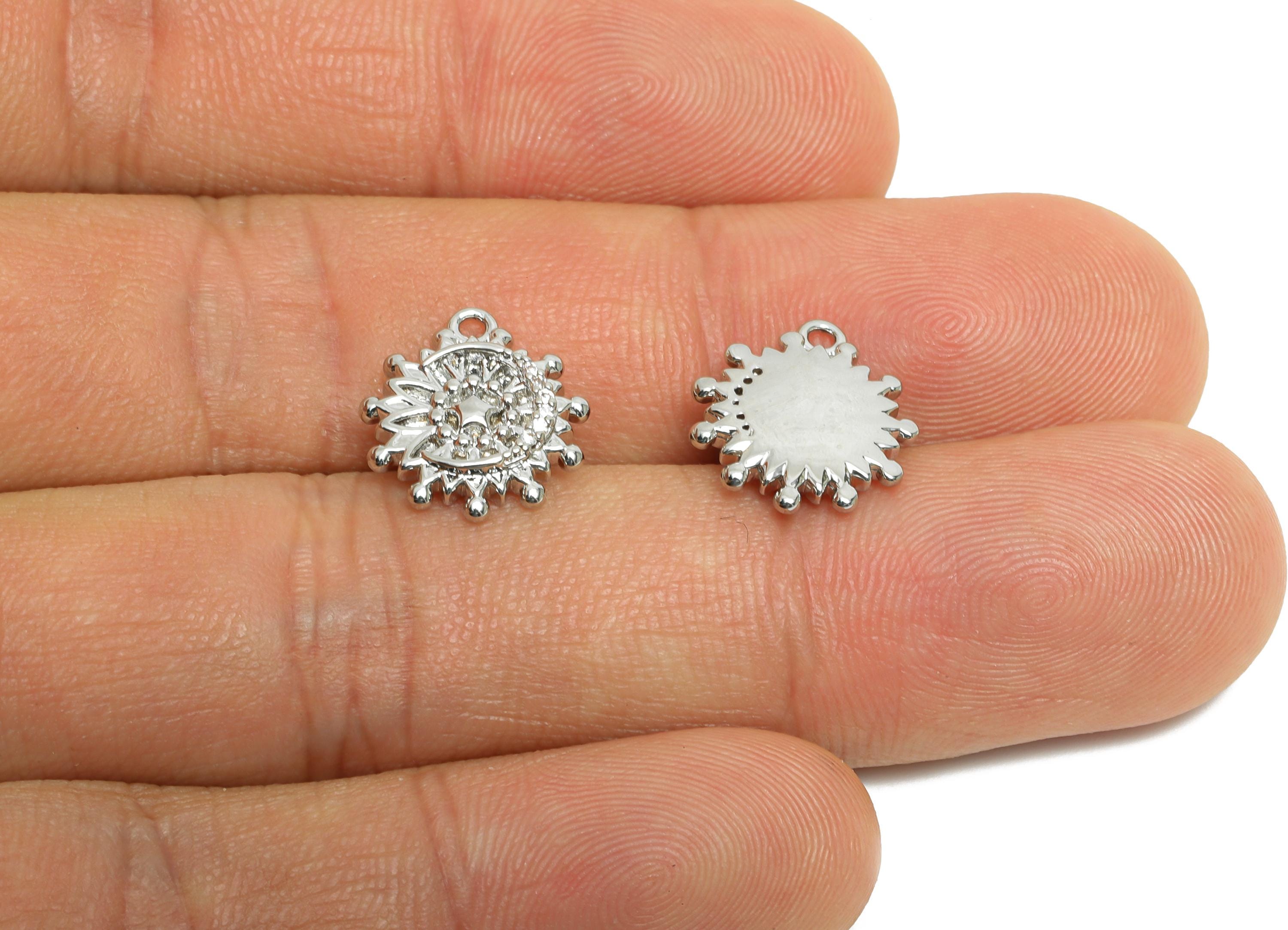 Brass CZ Sunflower Earring Charm - Silver Zircon Moon Star Pendant for Necklace - Chic Jewelry -18K White Gold Plated-14x12.4x2.5mm-RGP9904S - DOMEDBAZAAR