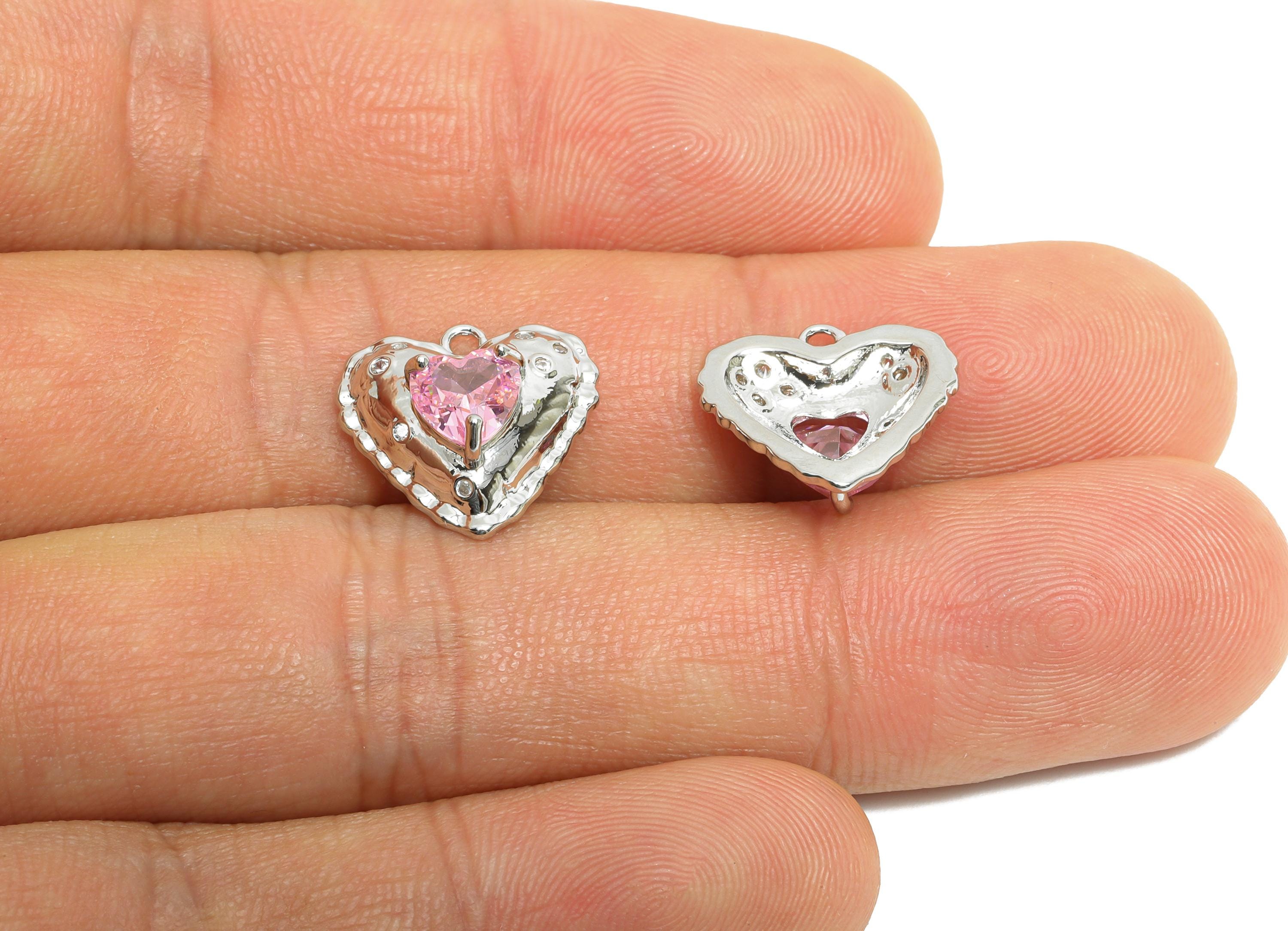 Sparkling Brass Heart Pendant - Dainty Zircon Silver Heart Charm - Valentine's Day Jewelry - 18K White Gold Plated -14.6x14.3x5.5mm-RGP9890S - DOMEDBAZAAR