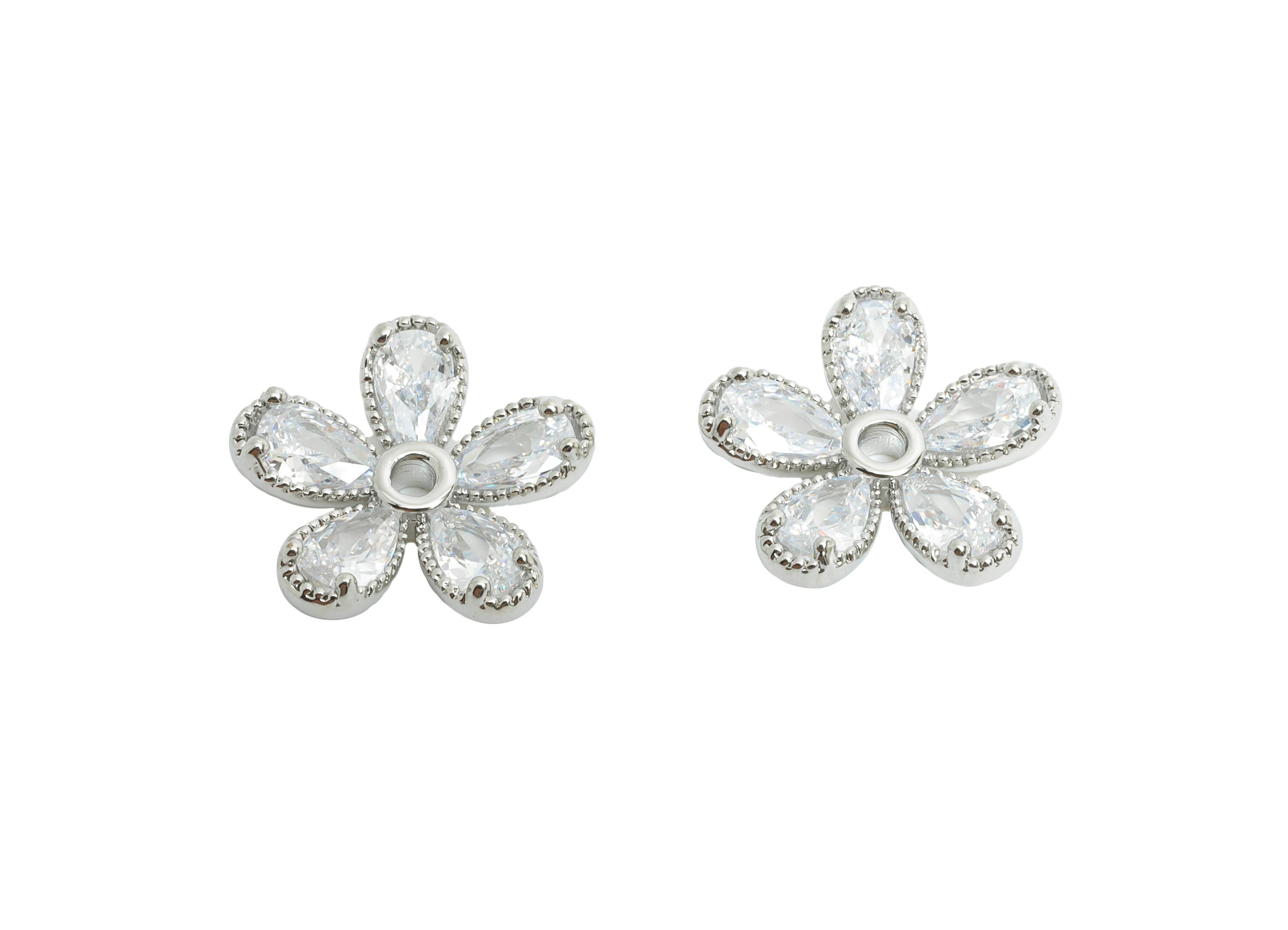 Brass CZ Daisy Earring Charm - Silver Zircon Flower Botanical Charm - Dainty Jewelry Accessories - 18K White Gold Plated -13x13x3mm-RGP9902S - DOMEDBAZAAR