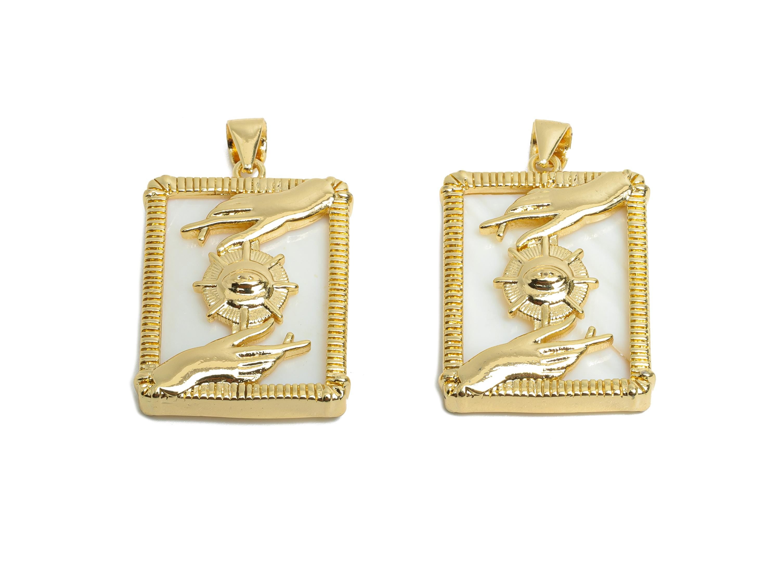 Brass Evil Eye and Hand Pendant - Rectangular Shell Necklace Pendant - Bold Artistic Jewelry - 18K Real Gold Plated - 24.47x18x4mm - RGP9741 - DOMEDBAZAAR