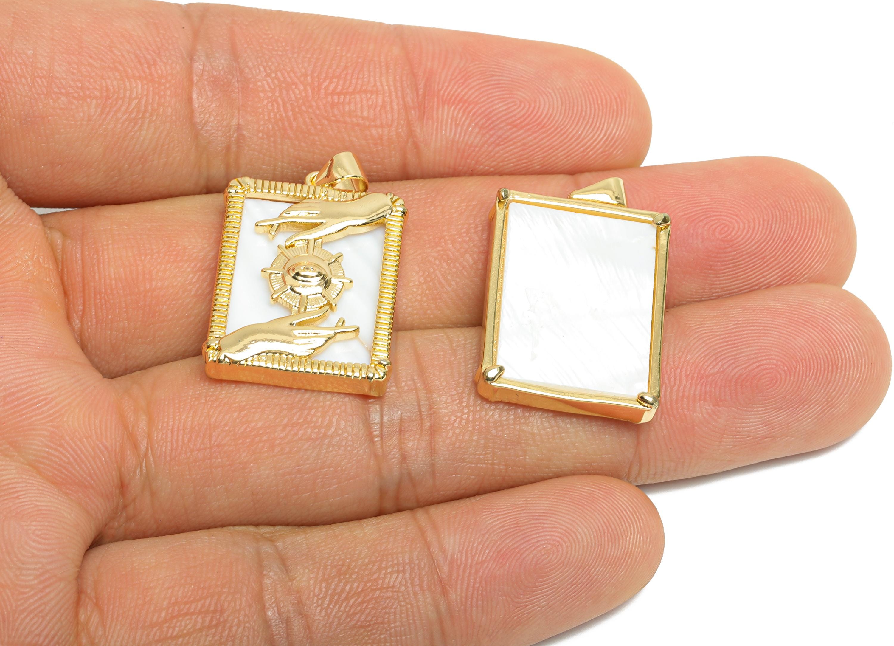 Brass Evil Eye and Hand Pendant - Rectangular Shell Necklace Pendant - Bold Artistic Jewelry - 18K Real Gold Plated - 24.47x18x4mm - RGP9741 - DOMEDBAZAAR