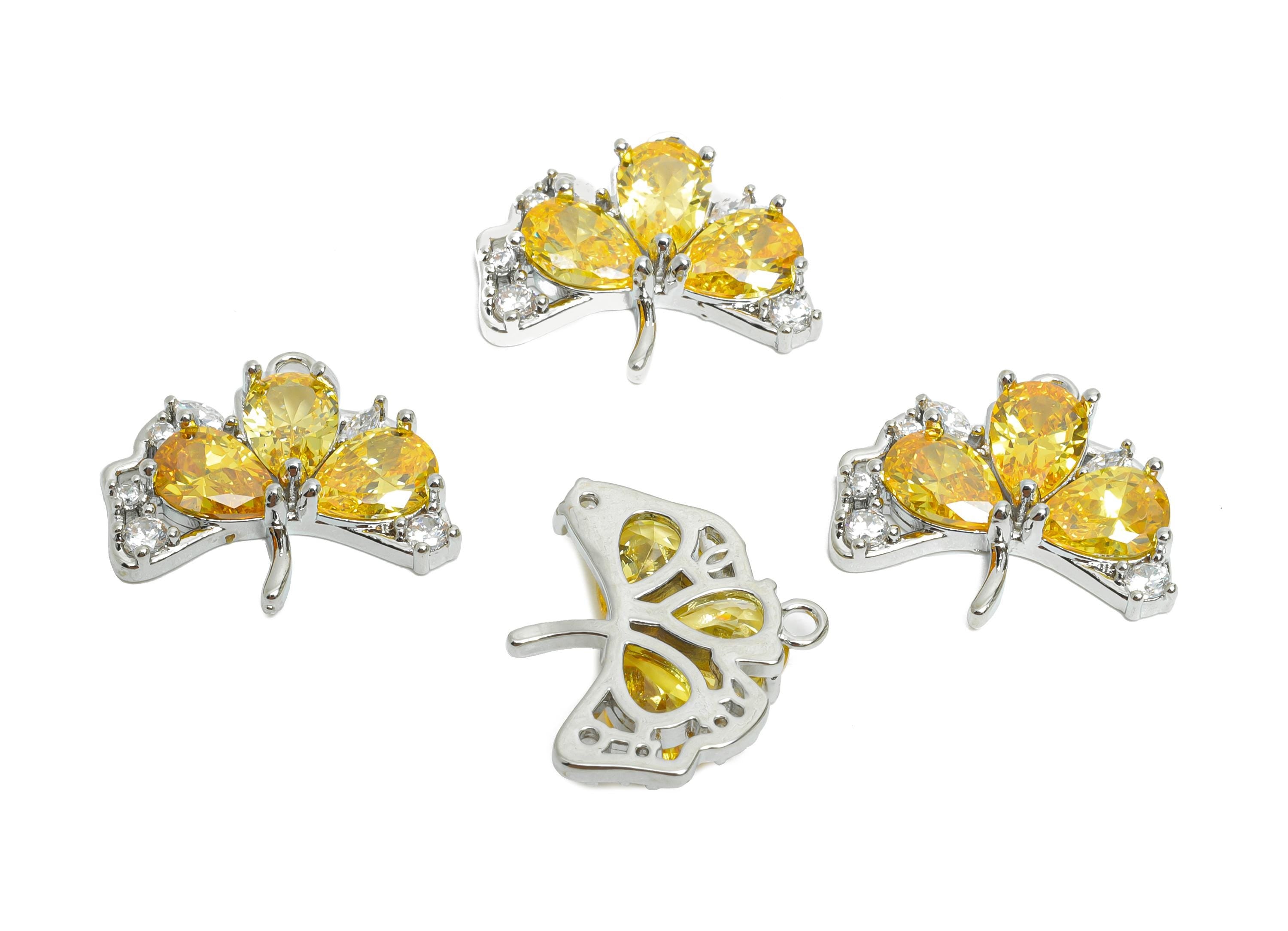 Brass Ginkgo Leaf Earring Charm - Textured Silver Zircon Leaf Pendant - Sparkling Jewelry - 18K White Gold Plated - 18x16x3.7mm - RGP9895S - DOMEDBAZAAR