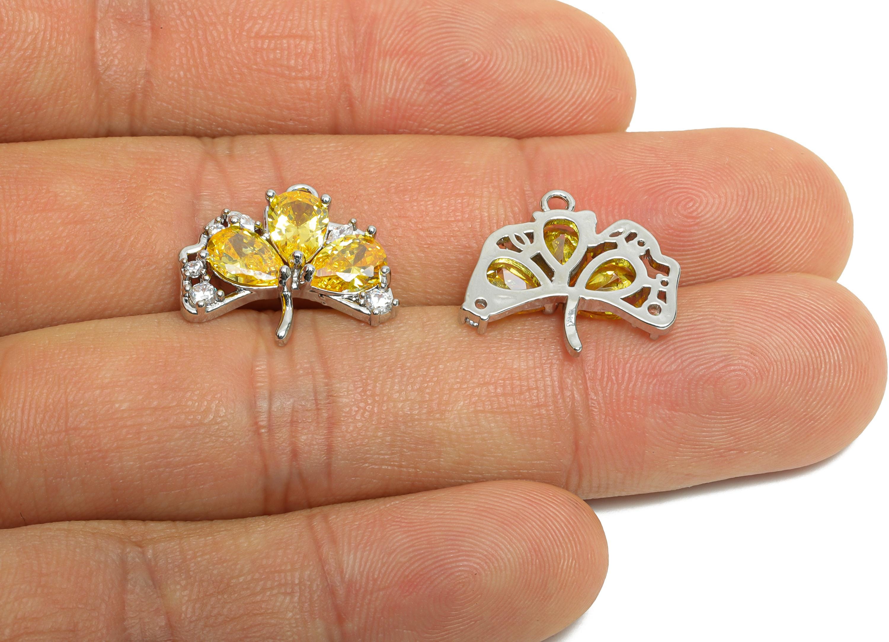 Brass Ginkgo Leaf Earring Charm - Textured Silver Zircon Leaf Pendant - Sparkling Jewelry - 18K White Gold Plated - 18x16x3.7mm - RGP9895S - DOMEDBAZAAR