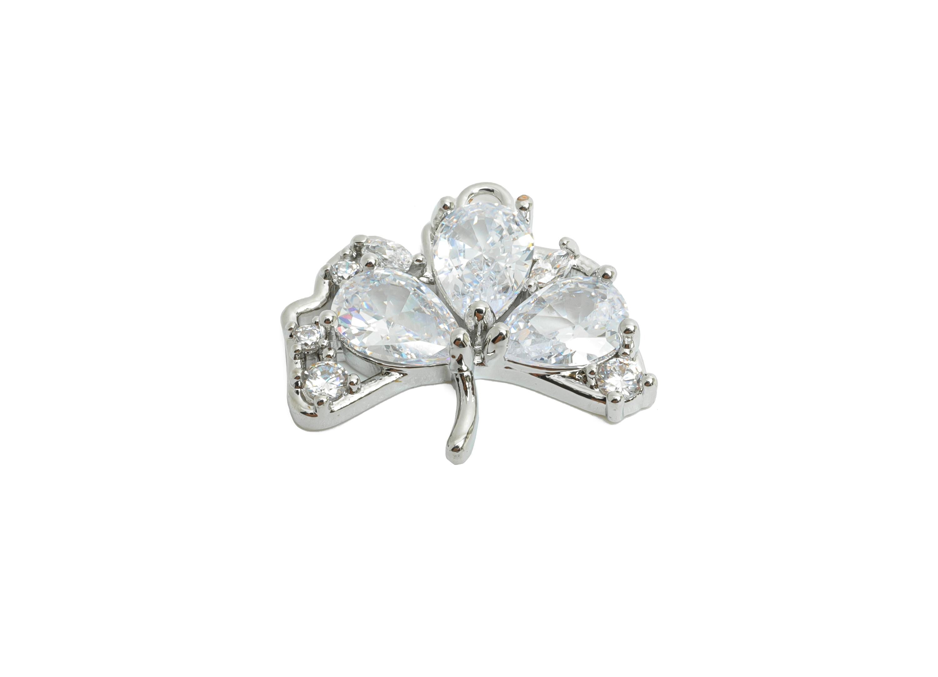 Brass Ginkgo Leaf Earring Charm - Textured Silver Zircon Leaf Pendant - Sparkling Jewelry - 18K White Gold Plated - 18x16x3.7mm - RGP9894S - DOMEDBAZAAR