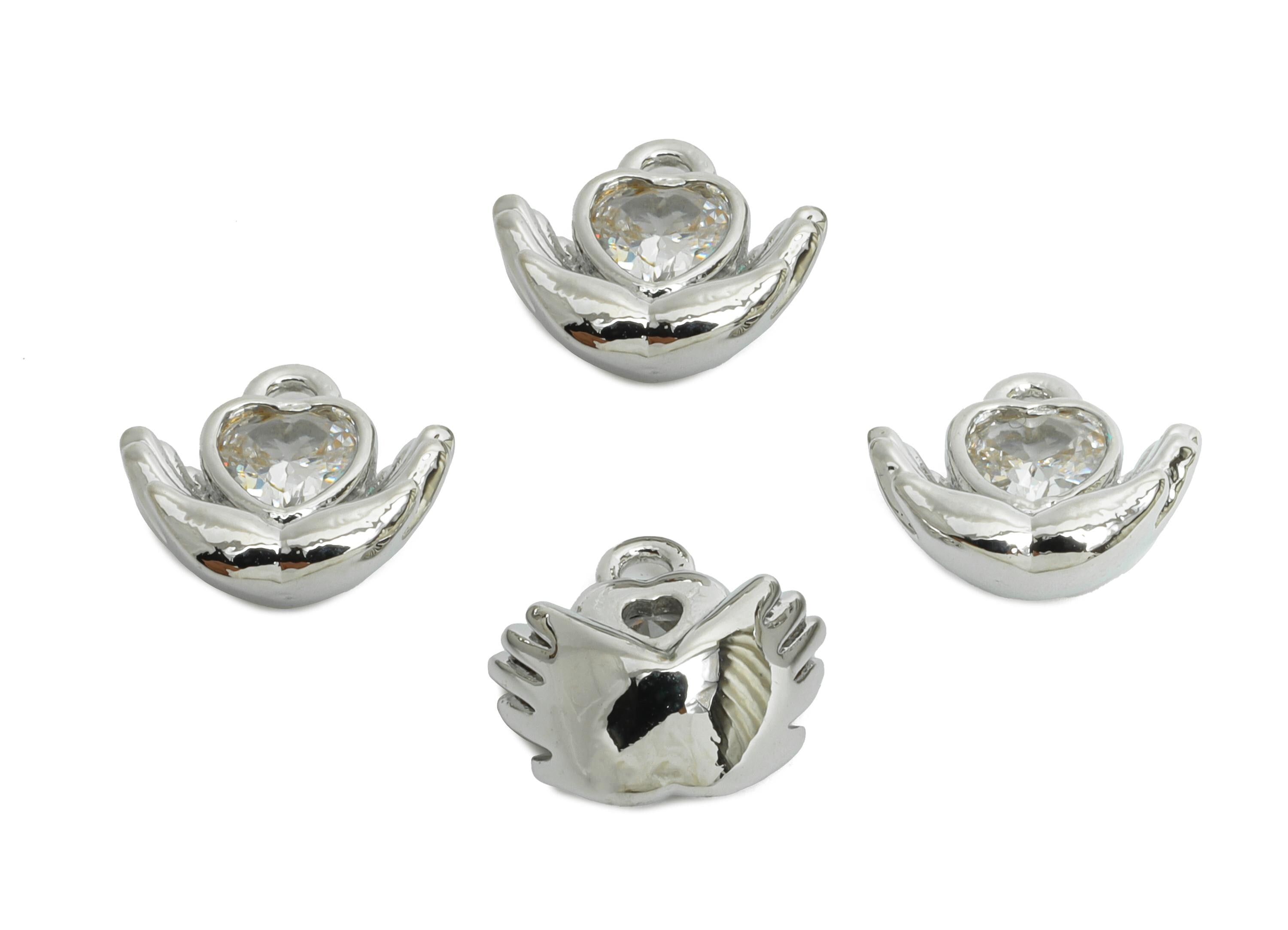 Brass Cradling Hand Charm - Silver Sparkling Zircon Love-Inspired Charm - Romantic Jewelry - 18K White Gold Plated - 9x9.4x4.14mm - RGP9924S - DOMEDBAZAAR