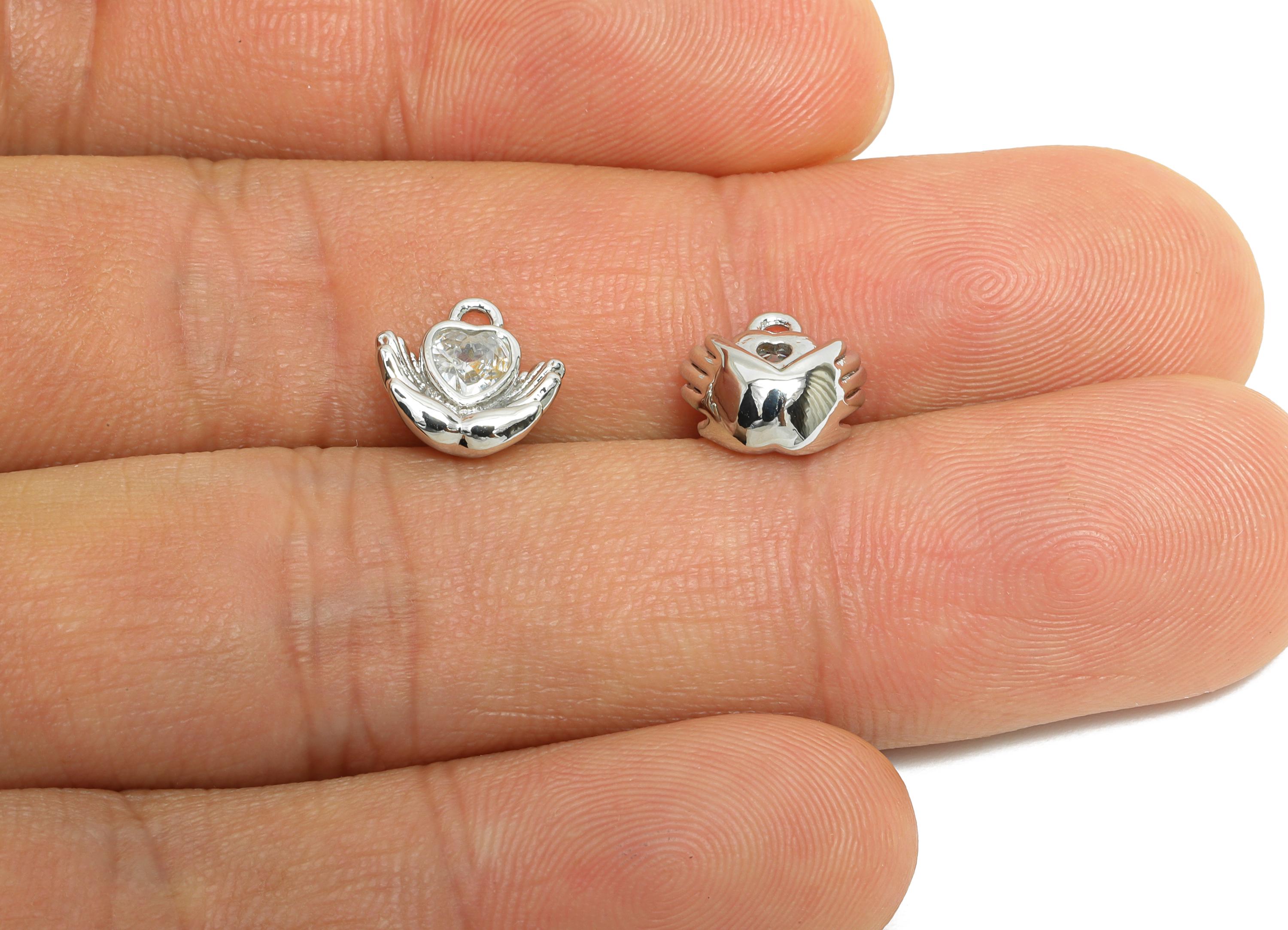 Brass Cradling Hand Charm - Silver Sparkling Zircon Love-Inspired Charm - Romantic Jewelry - 18K White Gold Plated - 9x9.4x4.14mm - RGP9924S - DOMEDBAZAAR