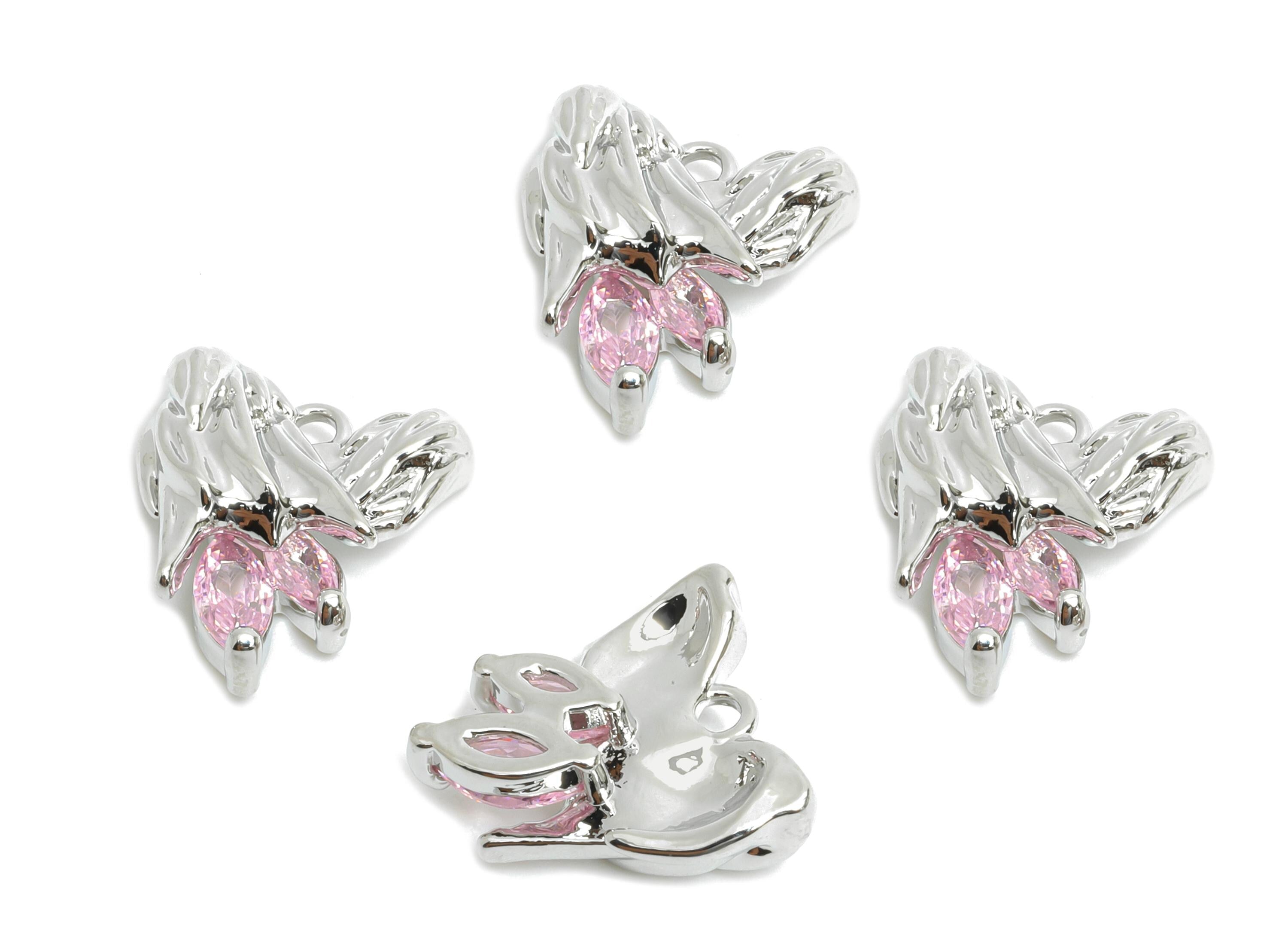 Brass CZ Floral Charm - Silver Zircon Textured Botanical Charm - Sparkling Jewelry - 18K Real White Gold Plated - 13.8x12.4x4.8mm - RGP9891S - DOMEDBAZAAR