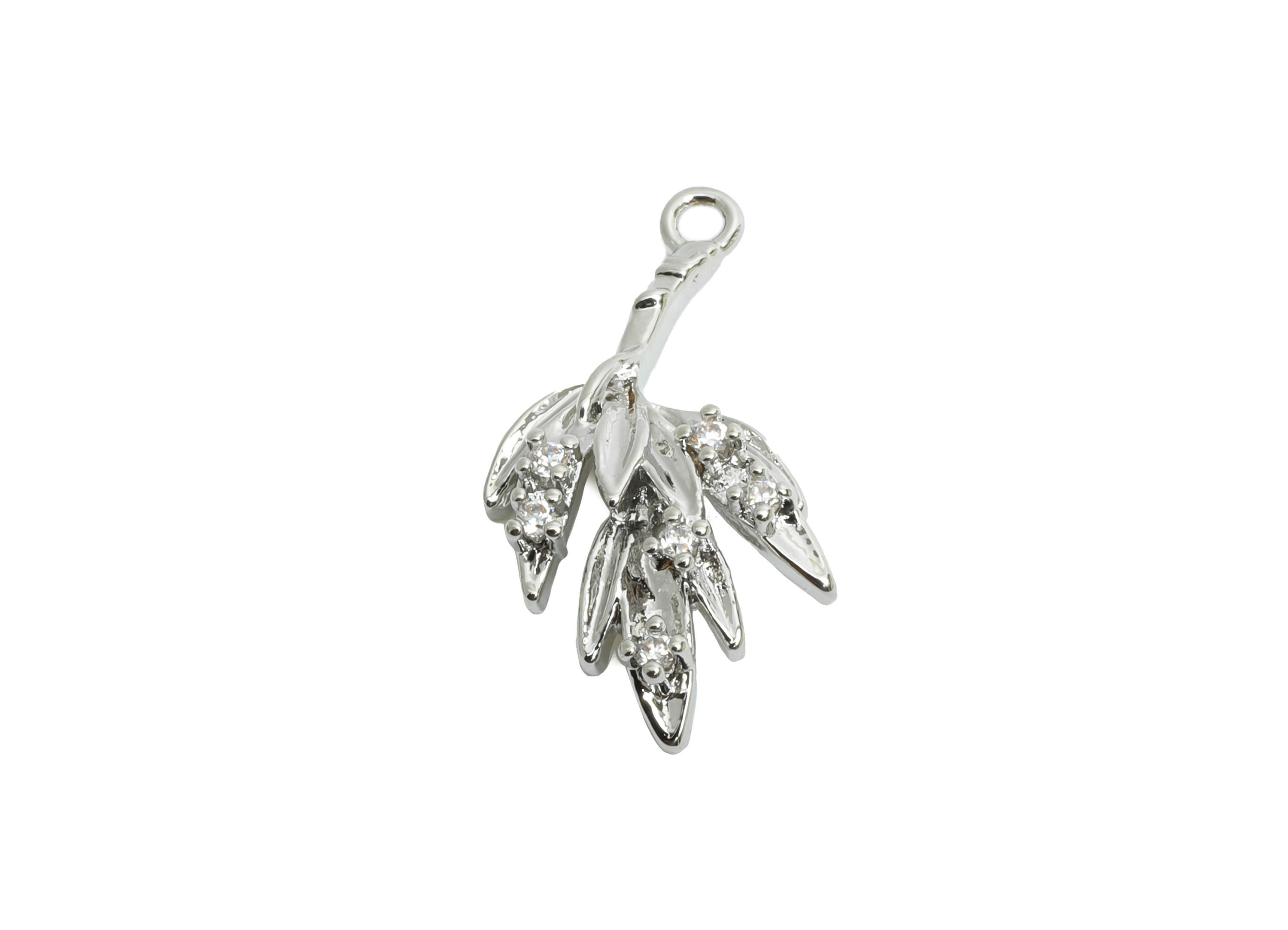 Brass Leaf Earring Charms - Silver Luxury Zircon Leaf Charm - Refined Botanical Jewelry - 18K Real White Gold Plated -20x10x3mm - RGP9931S - DOMEDBAZAAR