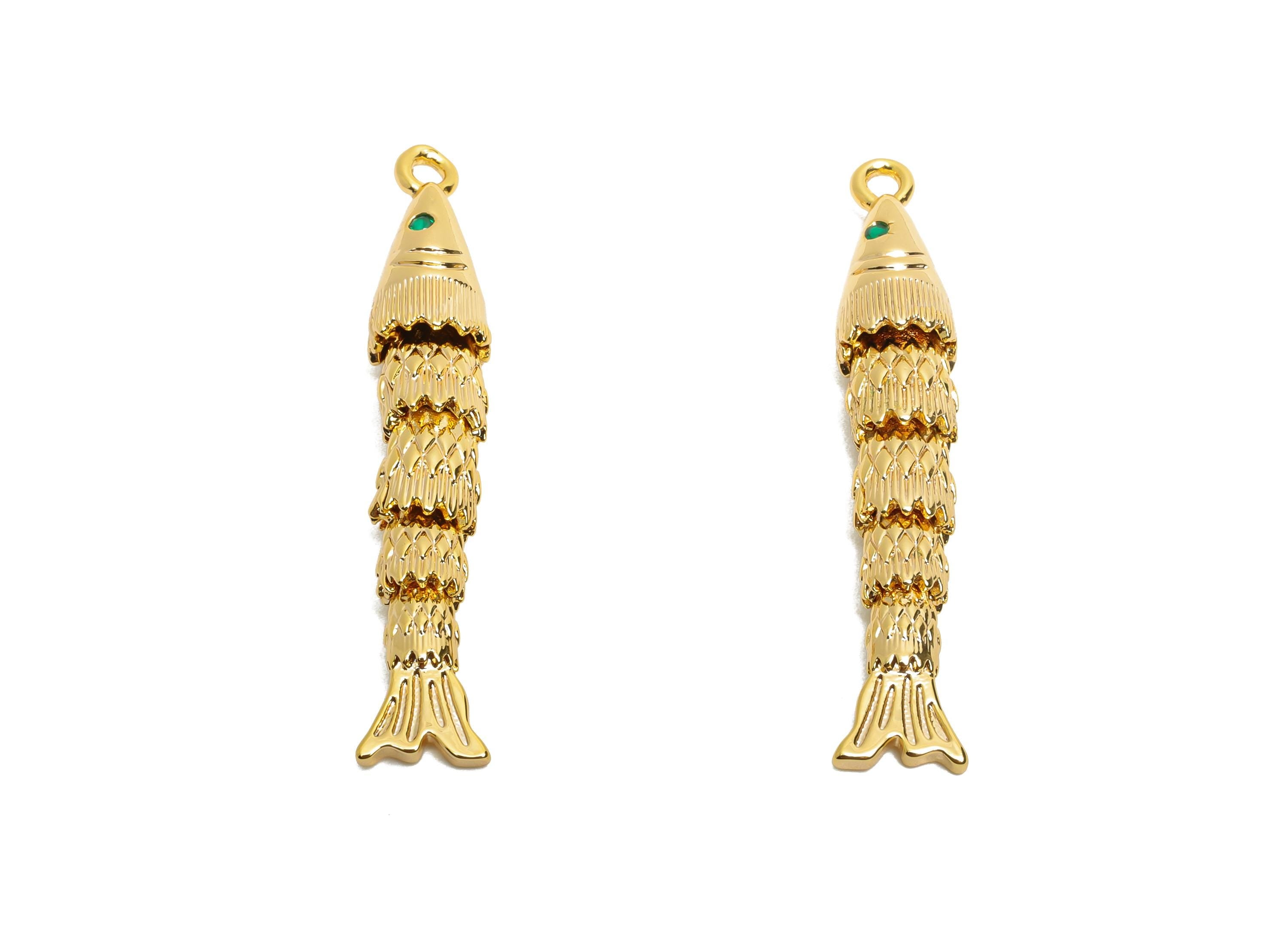 Brass Cloisonne Fish Charm - Elegant Gold Movable Fish Pendant - CZ Handmade Articulated Fish - 18K Real Gold Plated - 36x6x5.5mm -RGP10528 - DOMEDBAZAAR