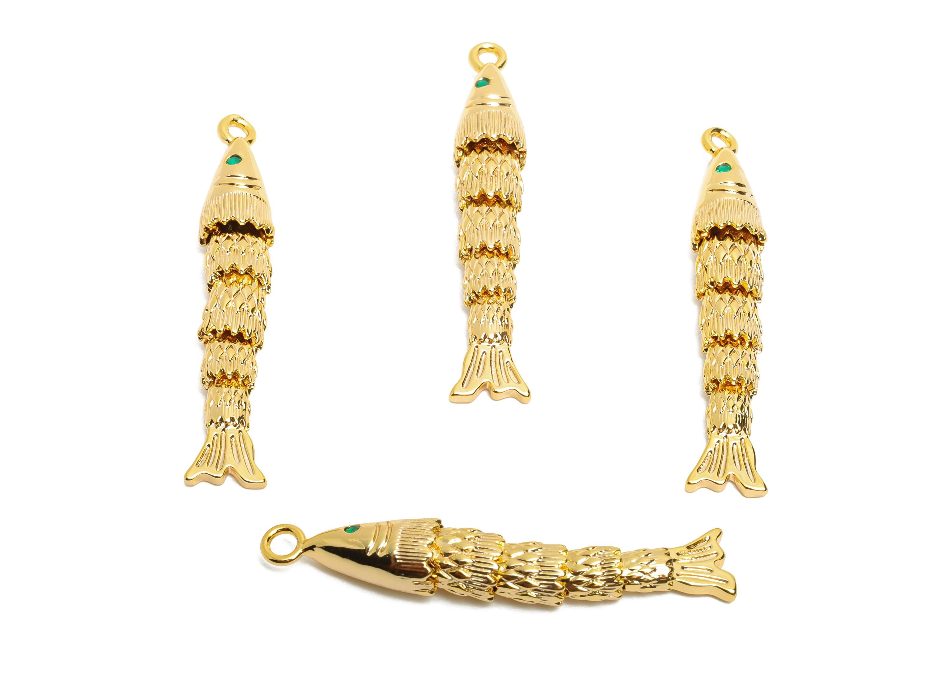 Brass Cloisonne Fish Charm - Elegant Gold Movable Fish Pendant - CZ Handmade Articulated Fish - 18K Real Gold Plated - 36x6x5.5mm -RGP10528 - DOMEDBAZAAR