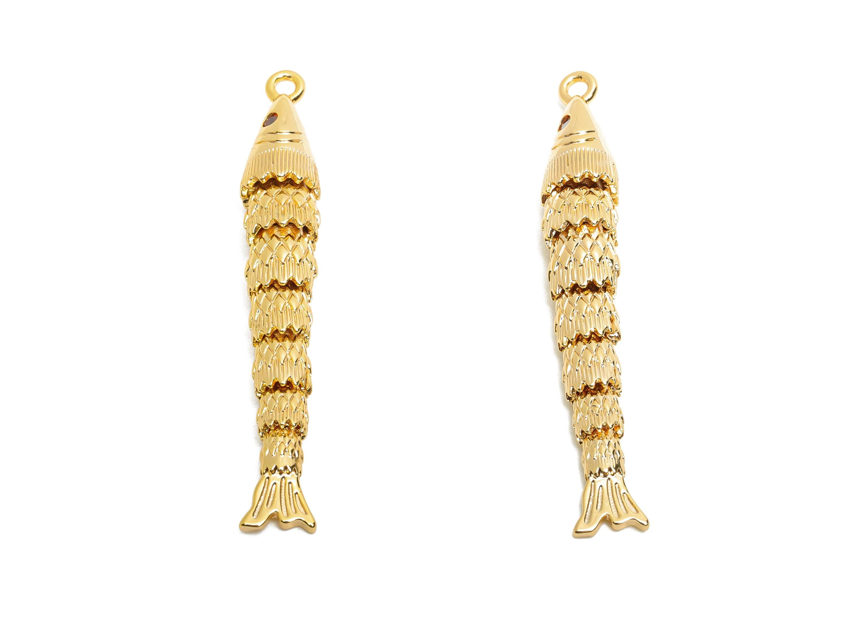 Dainty Gold Cloisonne Fish Charm - Brass Movable Fish Pendant - CZ Handmade Articulated Fish - 18K Real Gold Plated - 43x6.6x5.7mm -RGP10531 - DOMEDBAZAAR