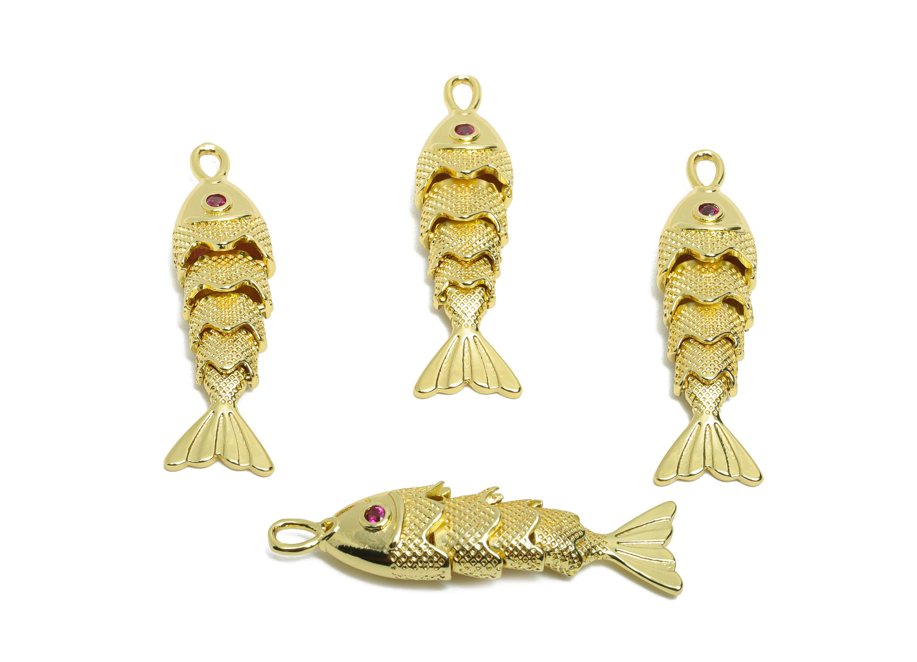 Movable 3D Articulated Fish Charm - Brass Textured CZ Articulated Flexible Marine Pendant - 18K Real Gold Plated - 33x8.5x6.57mm - RGP10748 - DOMEDBAZAAR