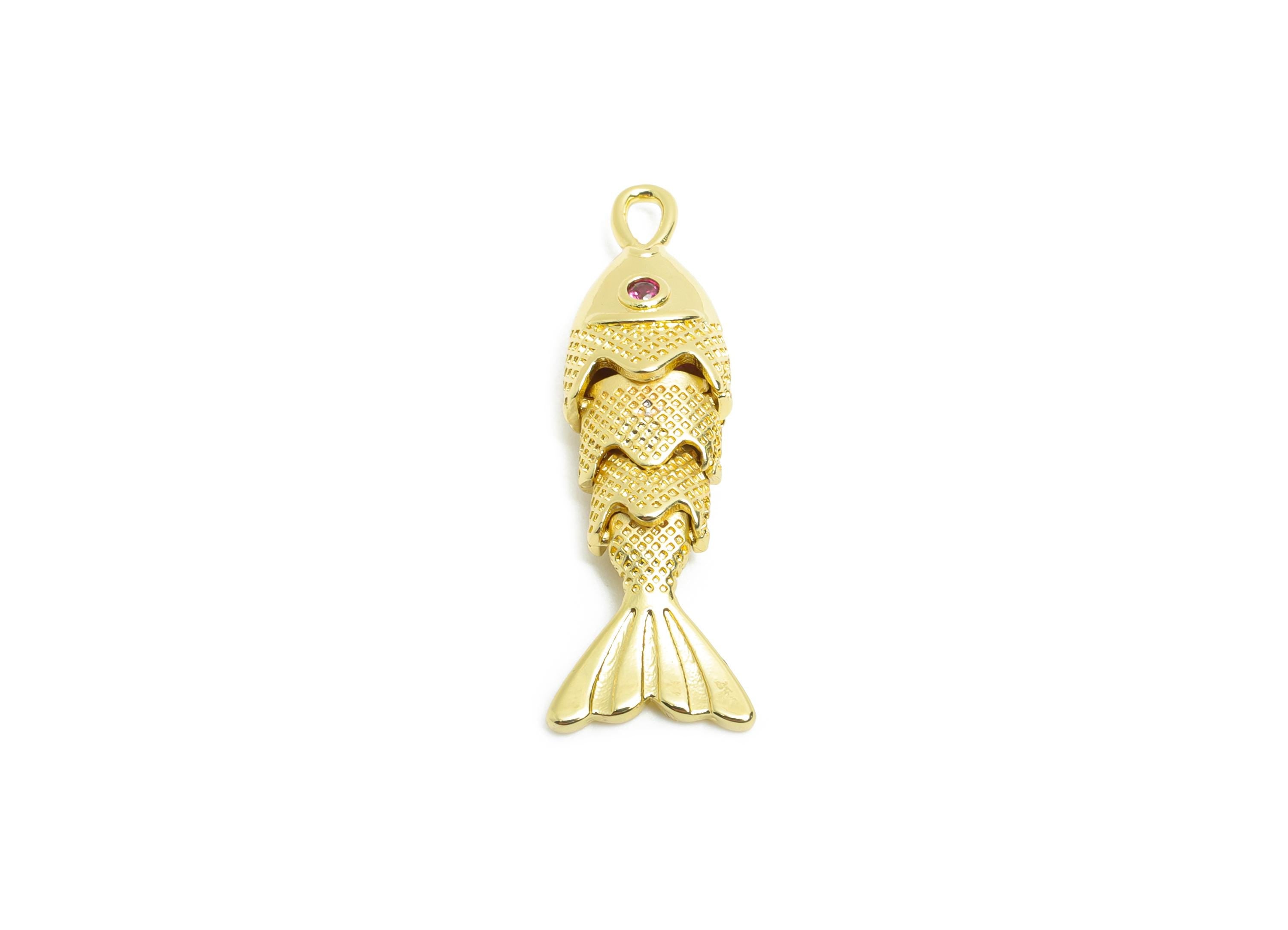 Movable 3D Articulated Fish Charm - Brass Textured Cubic Zircon Flexible Marine Pendant - 18K Real Gold Plated - 27x7x5.31mm - RGP10750 - DOMEDBAZAAR