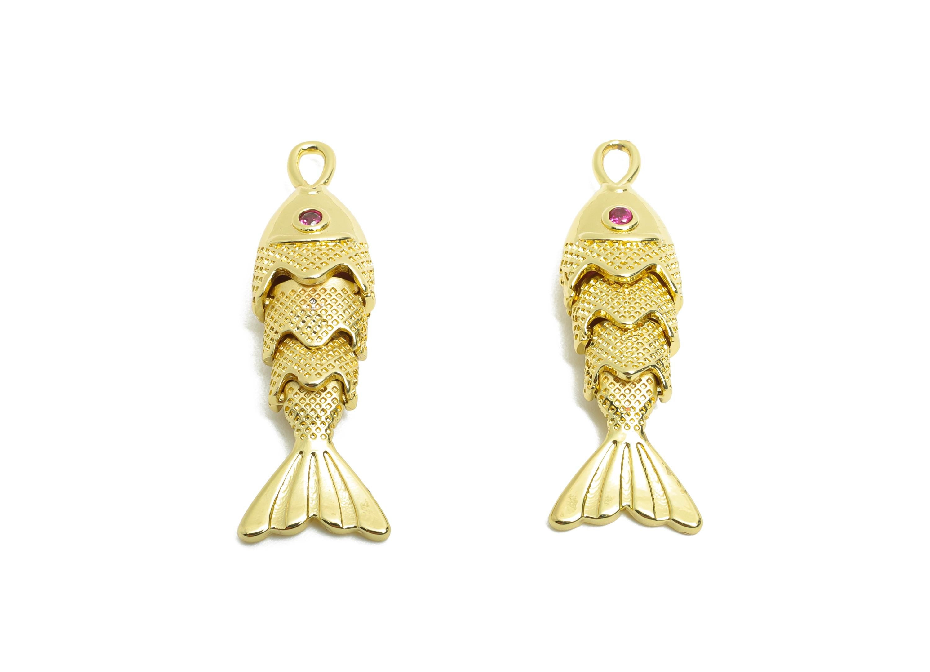 Movable 3D Articulated Fish Charm - Brass Textured Cubic Zircon Flexible Marine Pendant - 18K Real Gold Plated - 27x7x5.31mm - RGP10750 - DOMEDBAZAAR