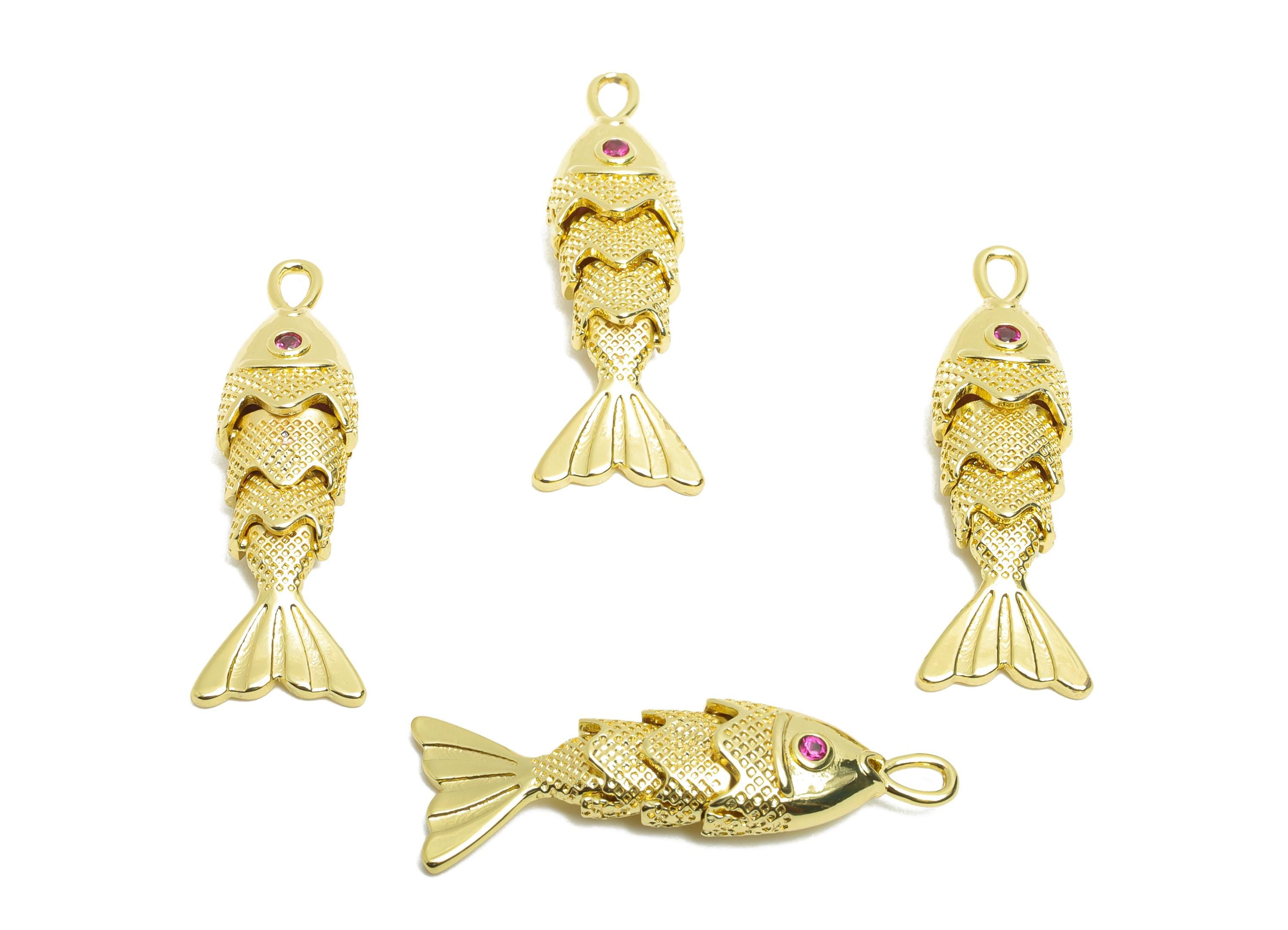 Movable 3D Articulated Fish Charm - Brass Textured Cubic Zircon Flexible Marine Pendant - 18K Real Gold Plated - 27x7x5.31mm - RGP10750 - DOMEDBAZAAR