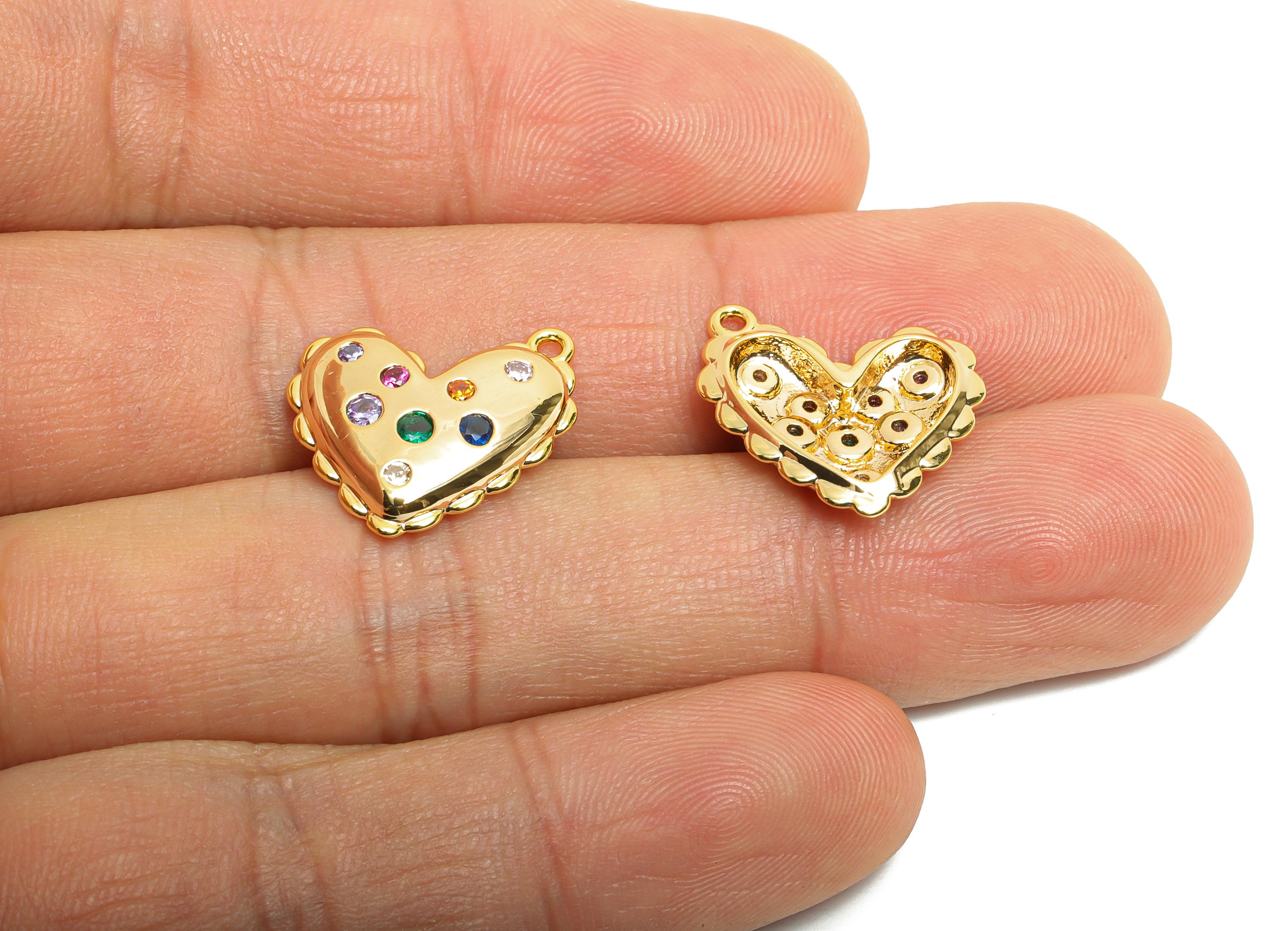 Sparkling Gold Heart Charm - Brass Colorful Zircon Heart Pendant - Dainty Jewelry Supplies - 18K Real Gold Plated - 16.8x15x3.6mm - RGP10500 - DOMEDBAZAAR