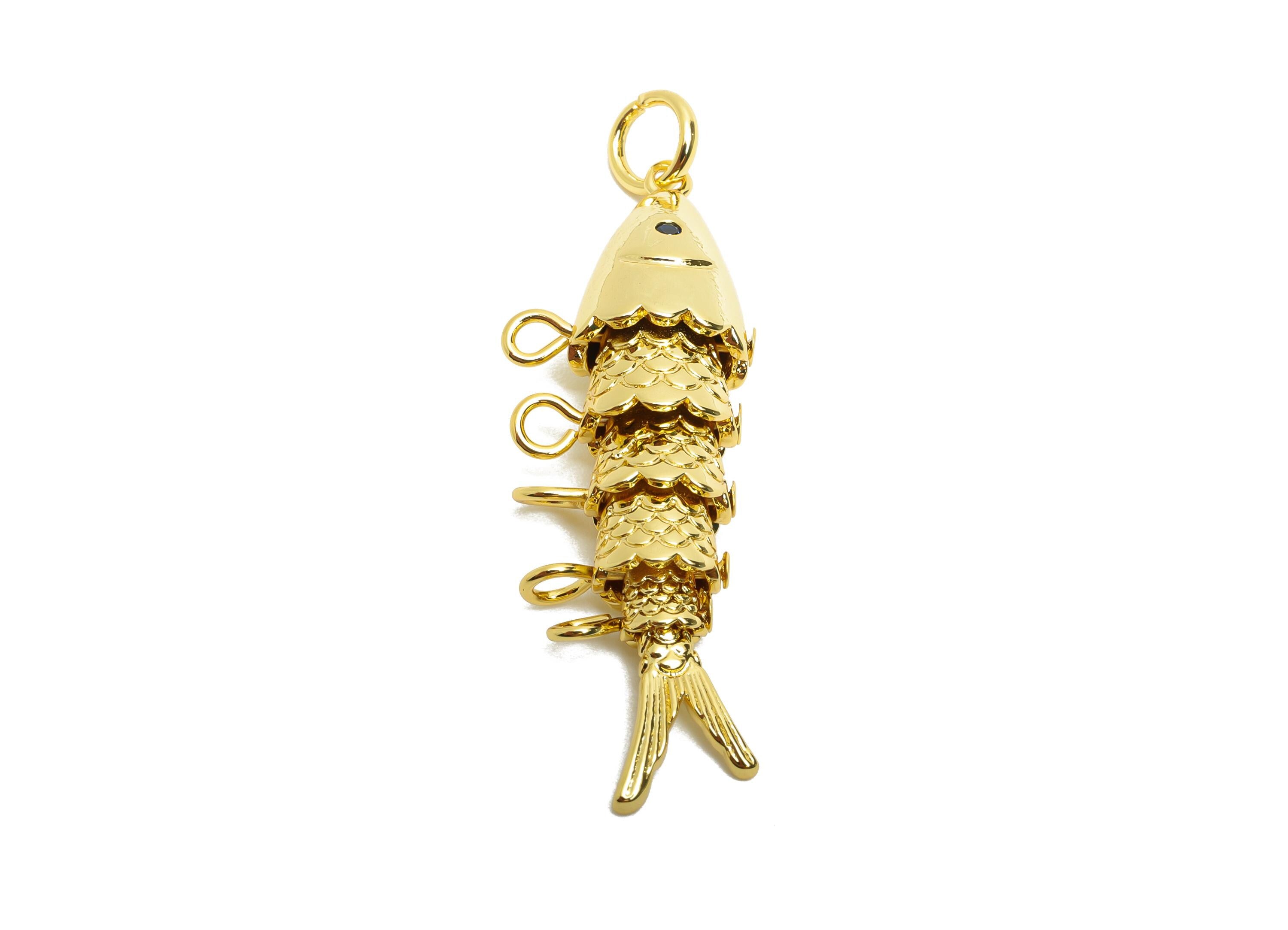 Movable 3D Articulated Fish Charm - Brass Flexible Marine Pendant - Textured Fish With Loop - 18K Real Gold Plated - 43x13x7mm - RGP10741 - DOMEDBAZAAR