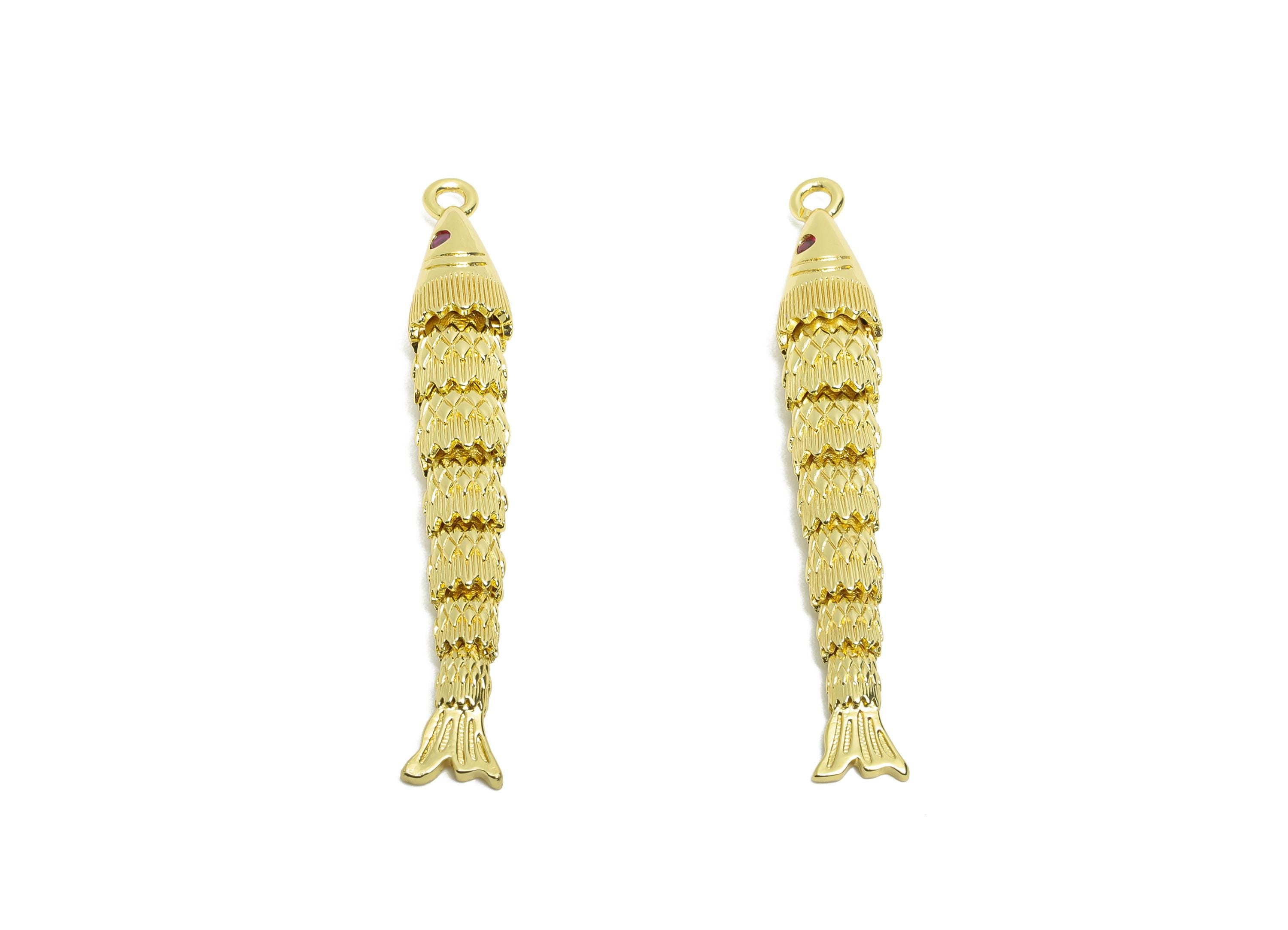 Brass Cloisonne Fish Charm - Unique Gold Movable Fish Pendant - CZ Realistic 3D Fish Pendant - 18K Real Gold Plated - 47x7x6mm -RGP10752 - DOMEDBAZAAR