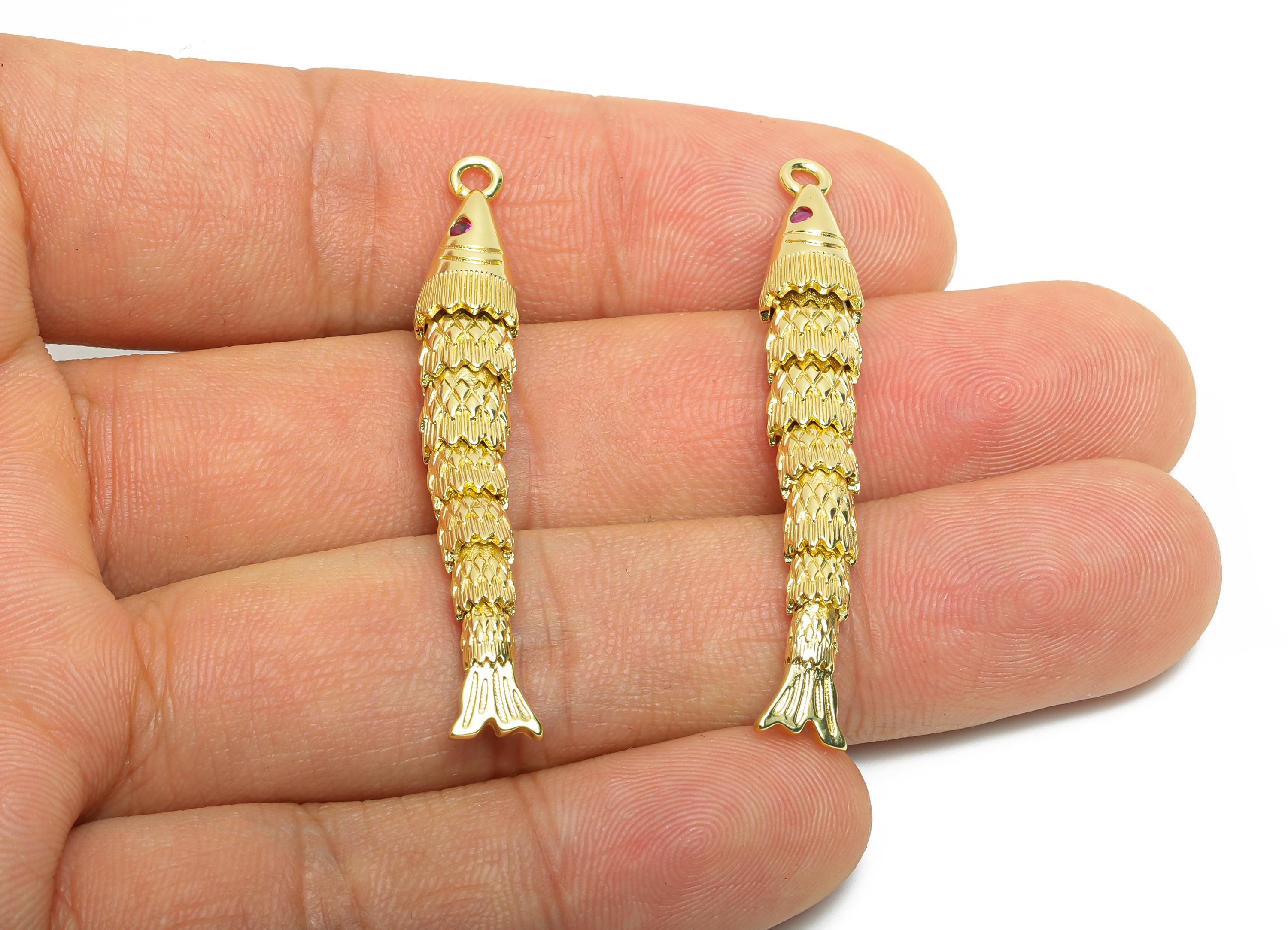 Brass Cloisonne Fish Charm - Unique Gold Movable Fish Pendant - CZ Realistic 3D Fish Pendant - 18K Real Gold Plated - 47x7x6mm -RGP10752 - DOMEDBAZAAR