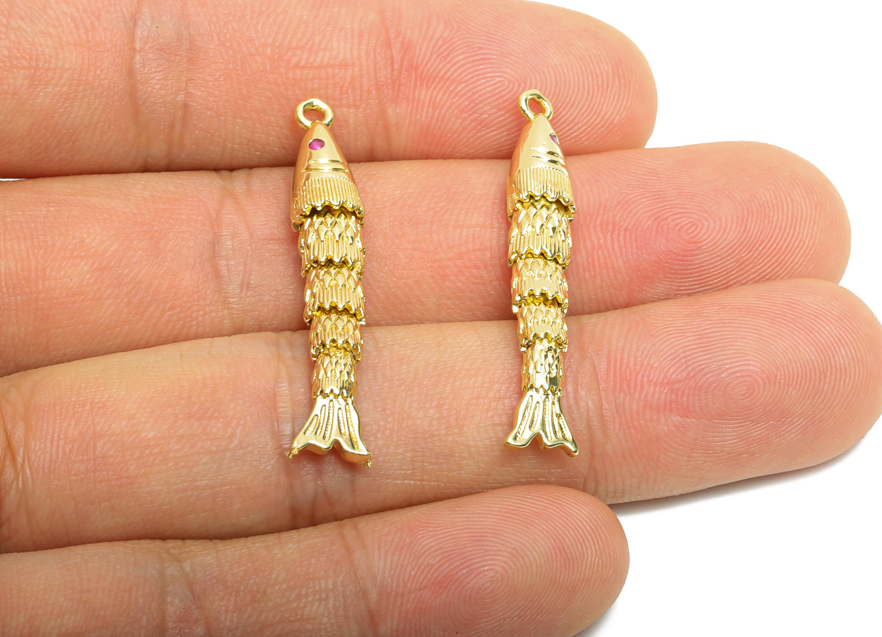 Brass Cloisonne Fish Charm - Unique Gold Movable Fish Pendant - CZ Realistic 3D Fish Pendant - 18K Real Gold Plated - 35x6x5mm -RGP10753 - DOMEDBAZAAR