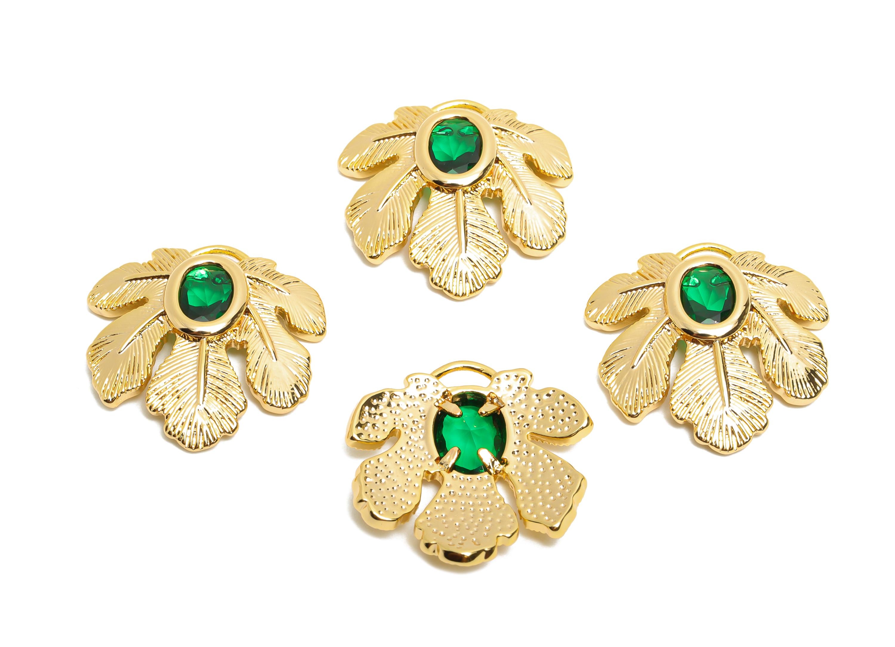 Brass Leaf Charms - Gold Crystal Tropical Leaf Charm - Elegant Green Crystal Botanical Pendant - 18K Real Gold Plated - 22x22x4mm - RGP10497 - DOMEDBAZAAR