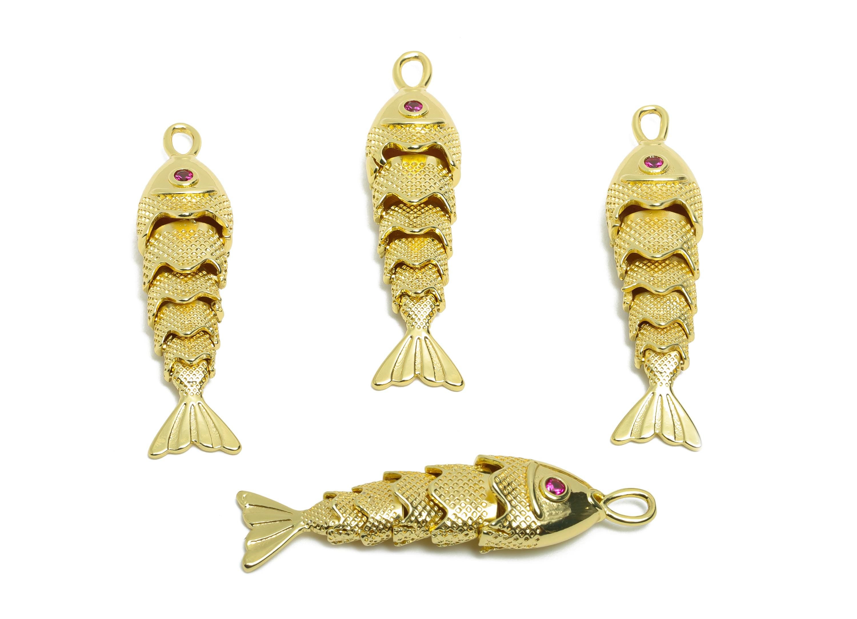 Brass Cloisonne Fish Charm - Unique Textured Movable Fish Pendant - CZ Realistic 3D Fish Pendant - 18K Real Gold Plated - 41x9x7mm -RGP10747 - DOMEDBAZAAR