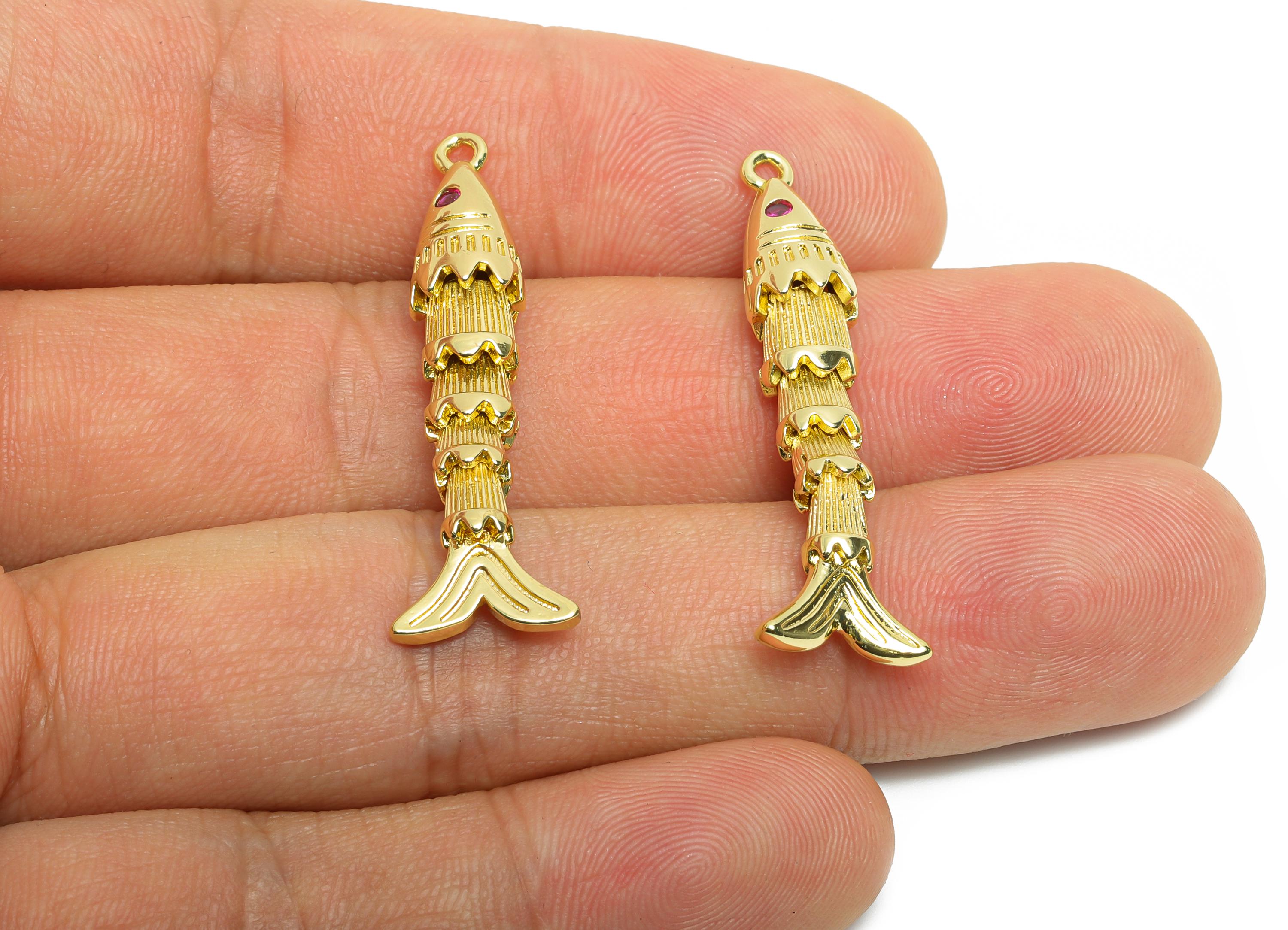 Brass Cloisonne Fish Charm - Unique Textured Movable Fish Pendant - 3D Marine Movable Charm - 18K Real Gold Plated - 36x6x6mm -RGP10743 - DOMEDBAZAAR