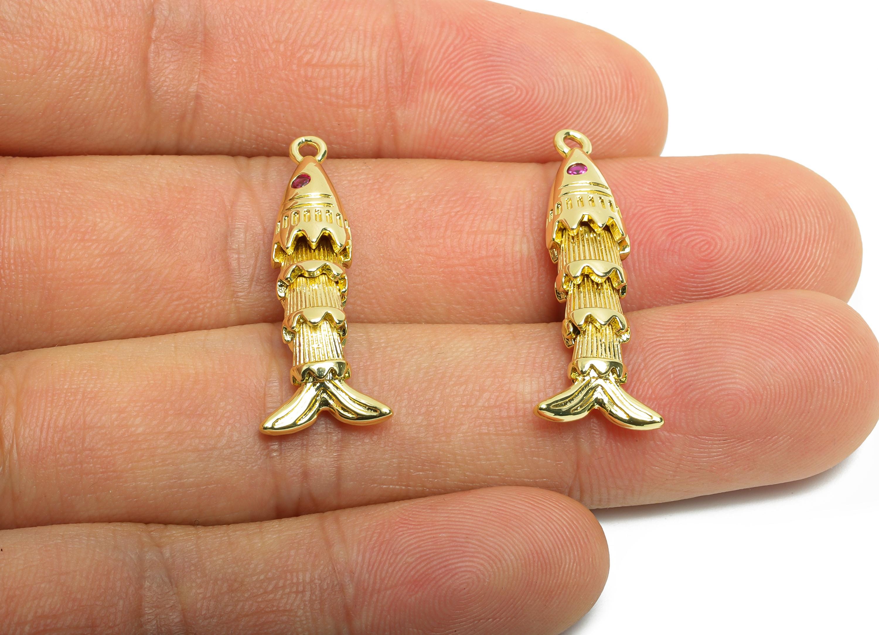 Brass Cloisonne Fish Charm - Unique Textured Movable Fish Pendant - 3D Marine Movable Charm - 18K Real Gold Plated - 30x7x6.41mm - RGP10744 - DOMEDBAZAAR