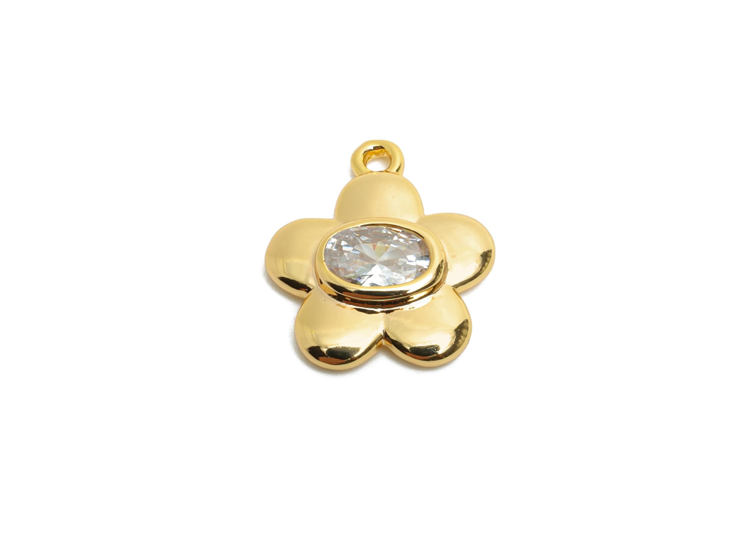 Gold Brass Flower Charms - Elegant Oval Crystal Charms - Minimalist Floral Jewelry - 18K Real Gold Plating - 14.3x12.45x2.55mm - RGP10469 - DOMEDBAZAAR