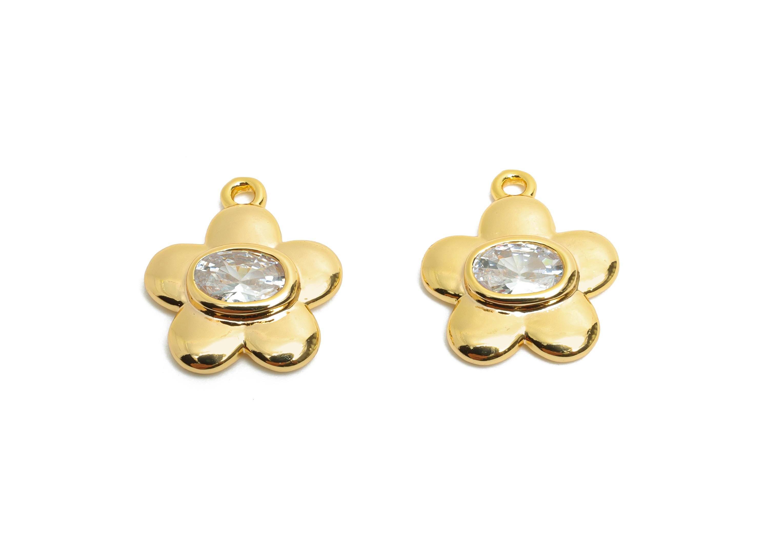 Gold Brass Flower Charms - Elegant Oval Crystal Charms - Minimalist Floral Jewelry - 18K Real Gold Plating - 14.3x12.45x2.55mm - RGP10469 - DOMEDBAZAAR