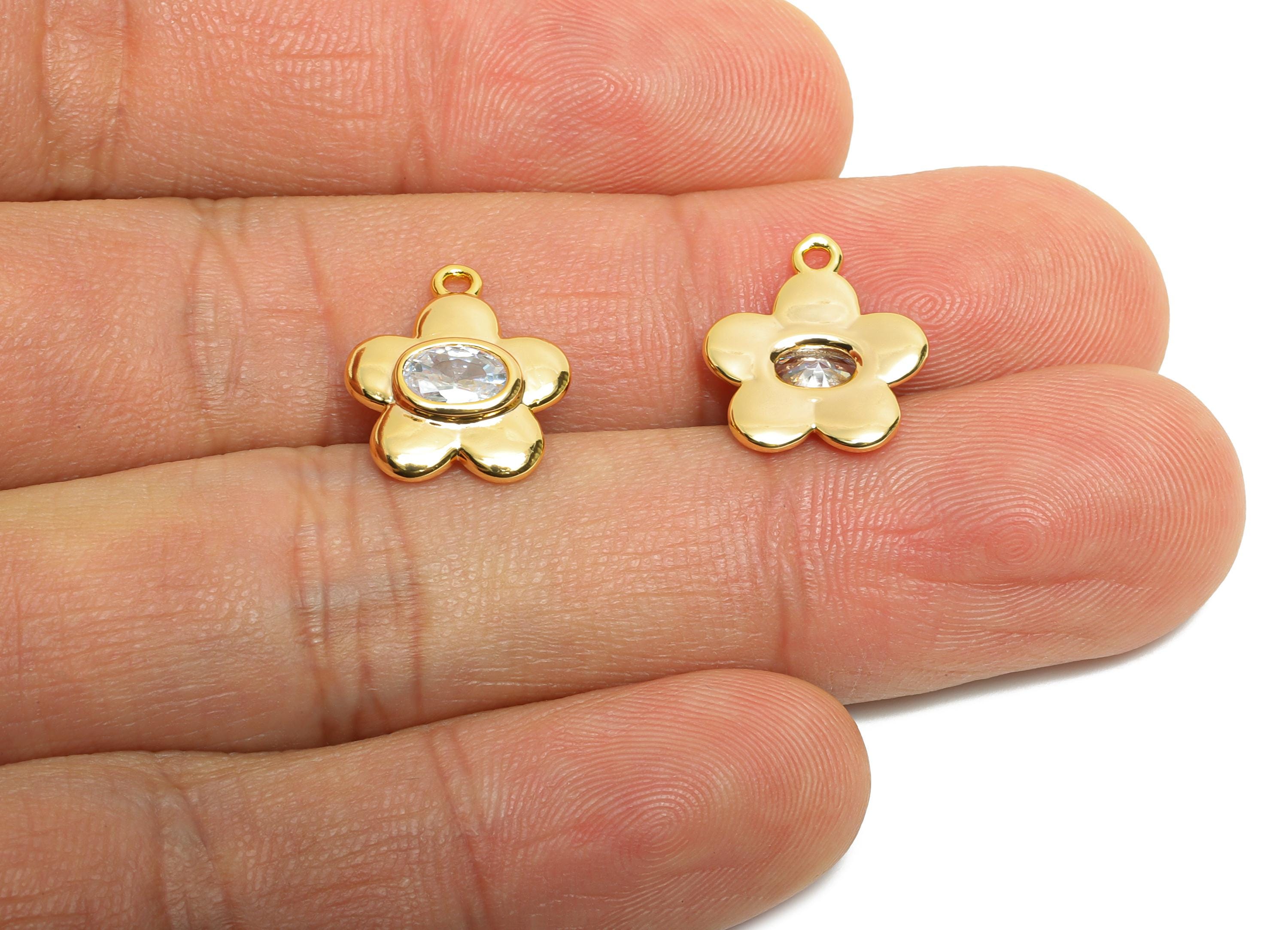 Gold Brass Flower Charms - Elegant Oval Crystal Charms - Minimalist Floral Jewelry - 18K Real Gold Plating - 14.3x12.45x2.55mm - RGP10469 - DOMEDBAZAAR
