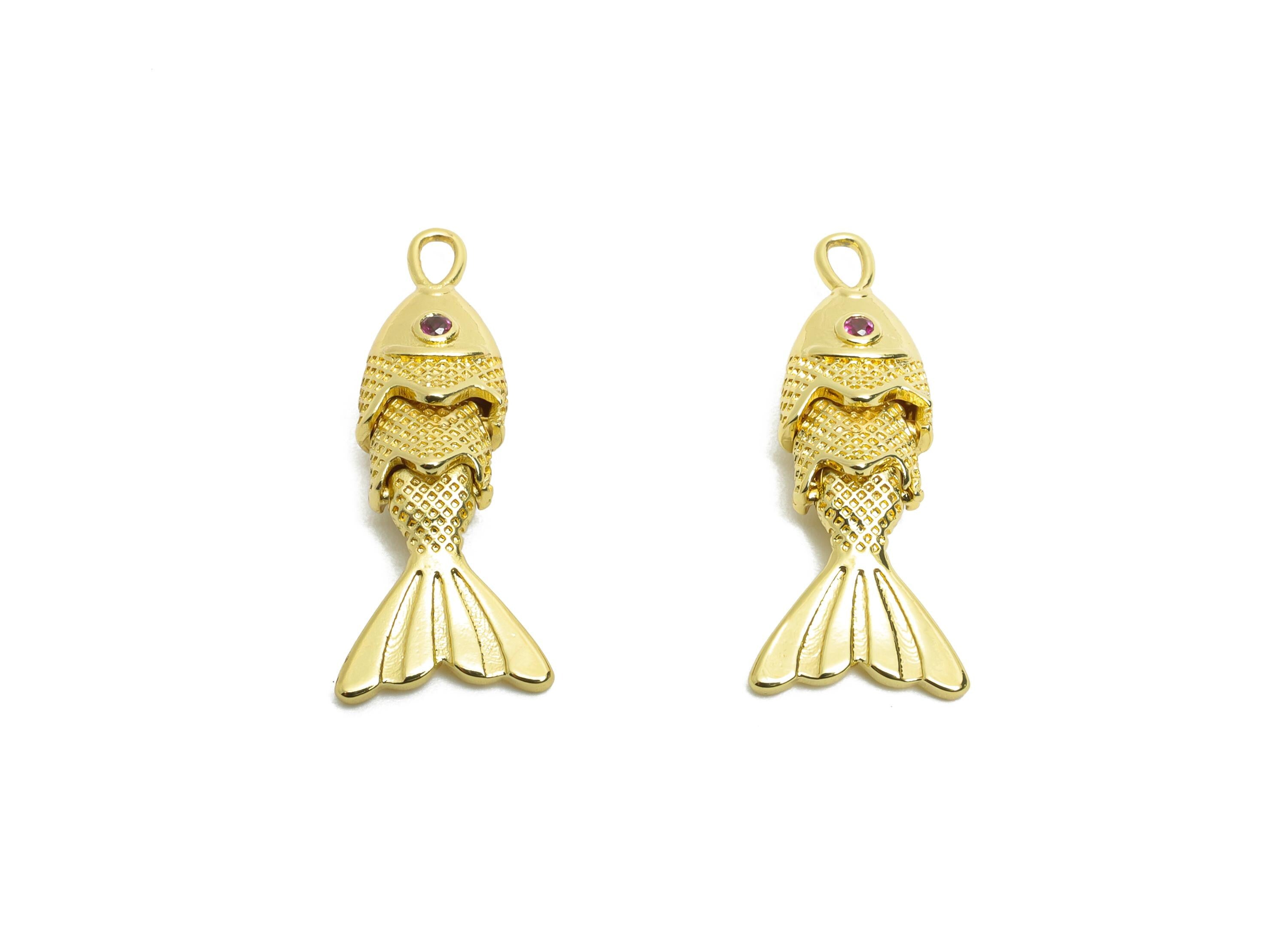 Gold Movable 3D Baby Fish Charm - Brass Textured CZ Articulated Flexible Marine Pendant - 18K Real Gold Plated - 22x6x4.95mm - RGP10749 - DOMEDBAZAAR